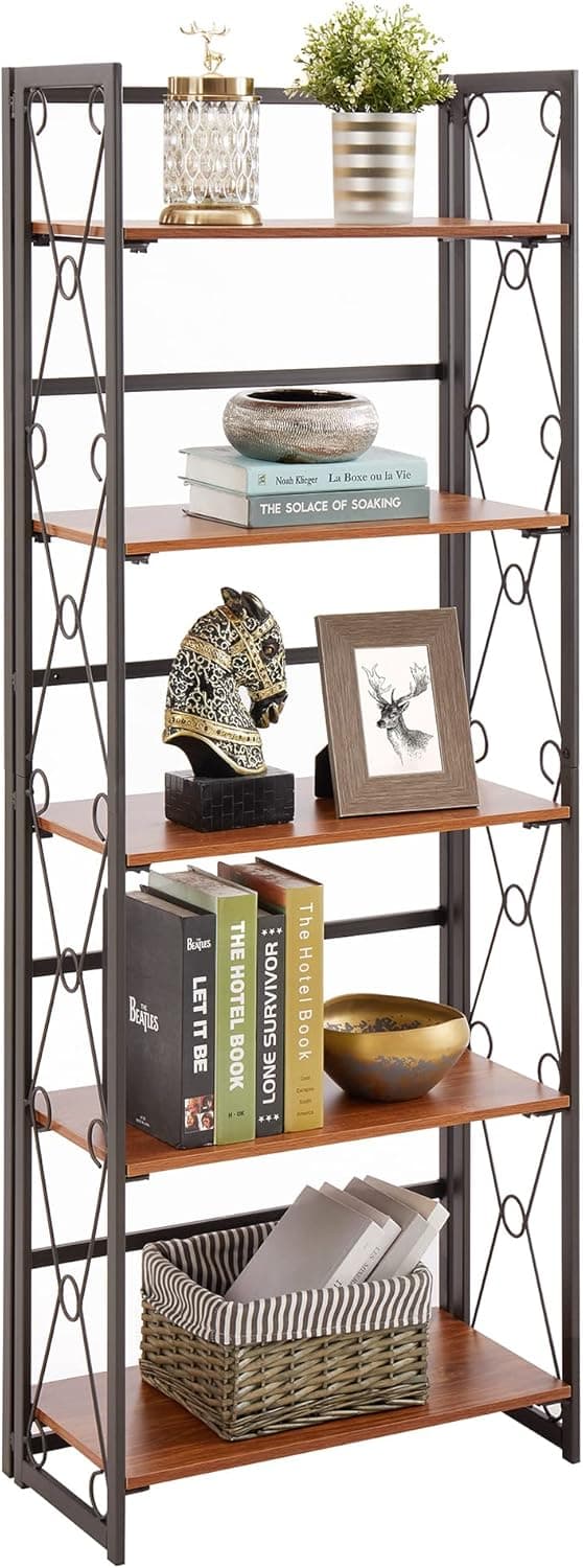 VECELO 5 Shelf Bookcase,No-Assembly Folding-Bookshelf,Industrial Standing Racks Study Organizer with Metal Frame & Wood Layer,1 Set