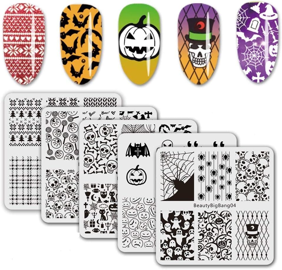 BEAUTYBIGBANG 5Pcs Nail Stamping Square Plate Halloween Theme - Bat Spider Ghost Emotion Image Plates Nail Art Design Stamp Kit Manicure Tools
