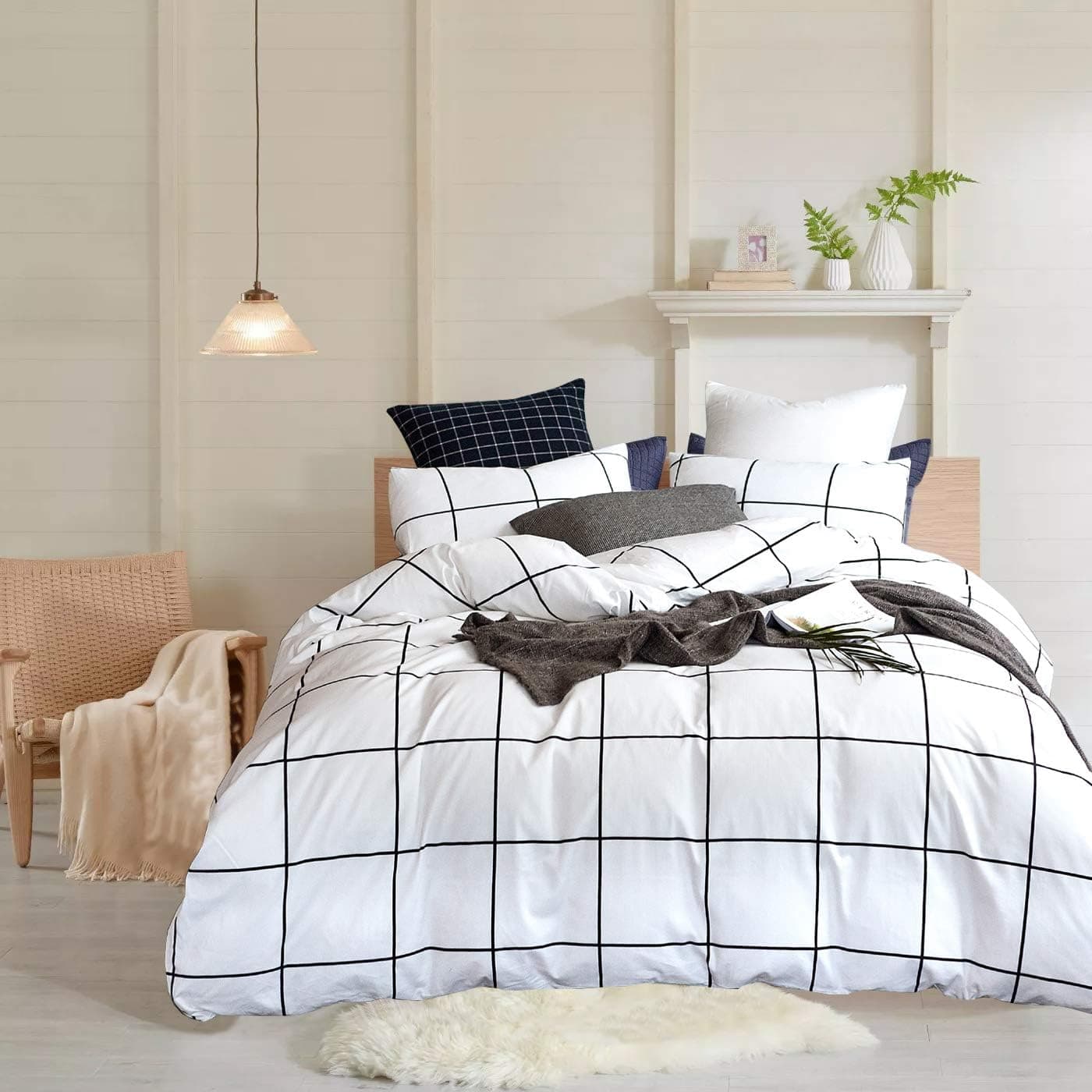 Wellboo White Plaid Duvet Covers Twin Women Men Black and White Grid Bedding Cover Cotton Girls Large Plaid Checkered Covers White Geometric Square Bedding Sets Teens Plaid Dorm Comforter Cover Soft