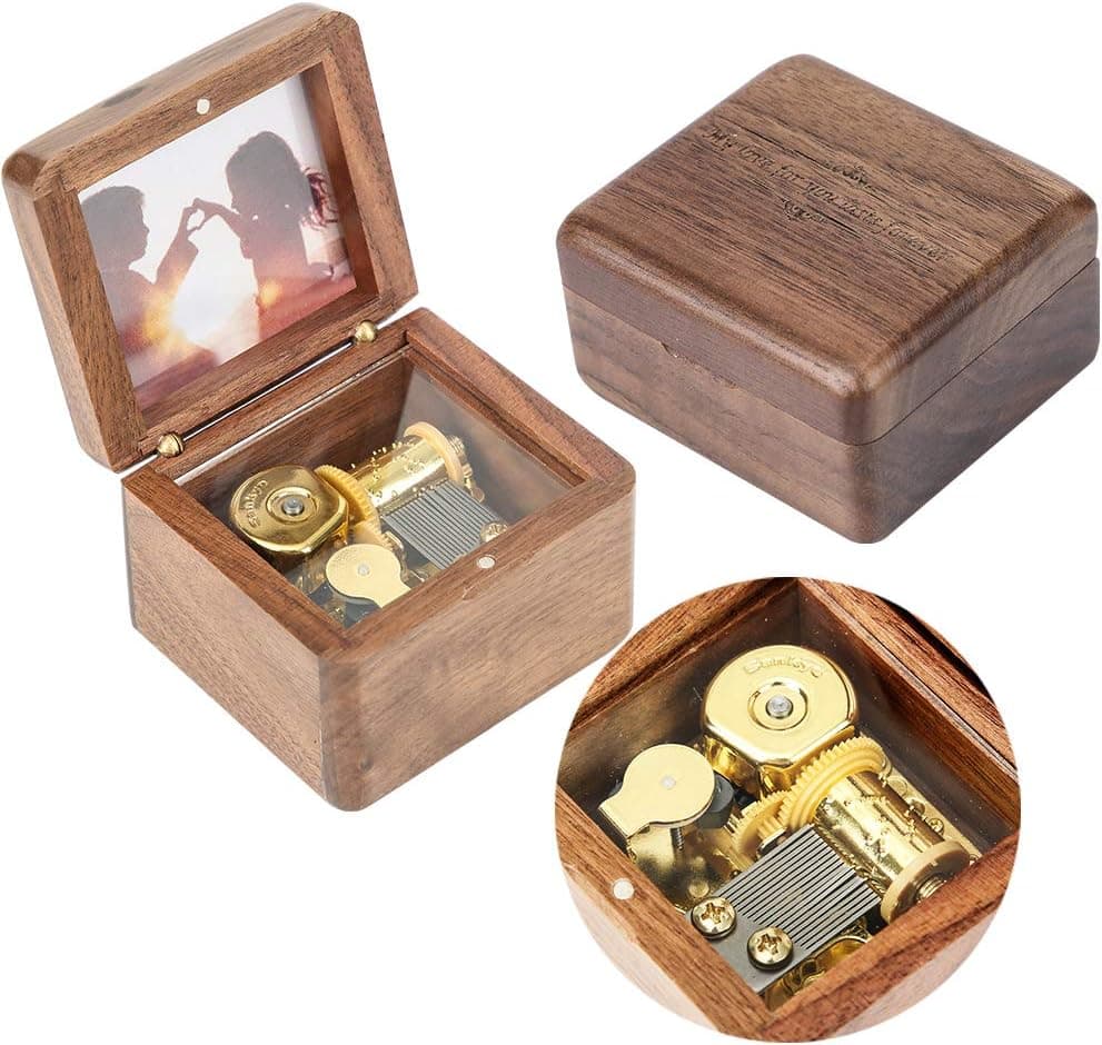 Natural Wooden Music Box with Customizable Photos Wind Up Music Box for Friends,Spouse,Kids (Walnut, Happy Birthday to You)