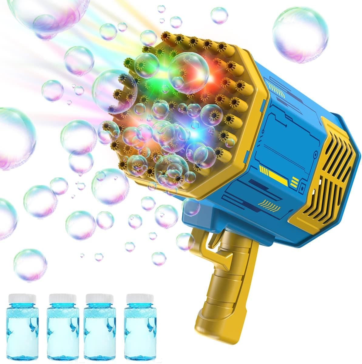 Bubble Gun 69 Holes, Bubble Machine with 4 Bubble Solution Boom Bubble Blower with Colorful Light Large Bubble Blower for Kids, for Kids Toy Party and Wedding (Blue)
