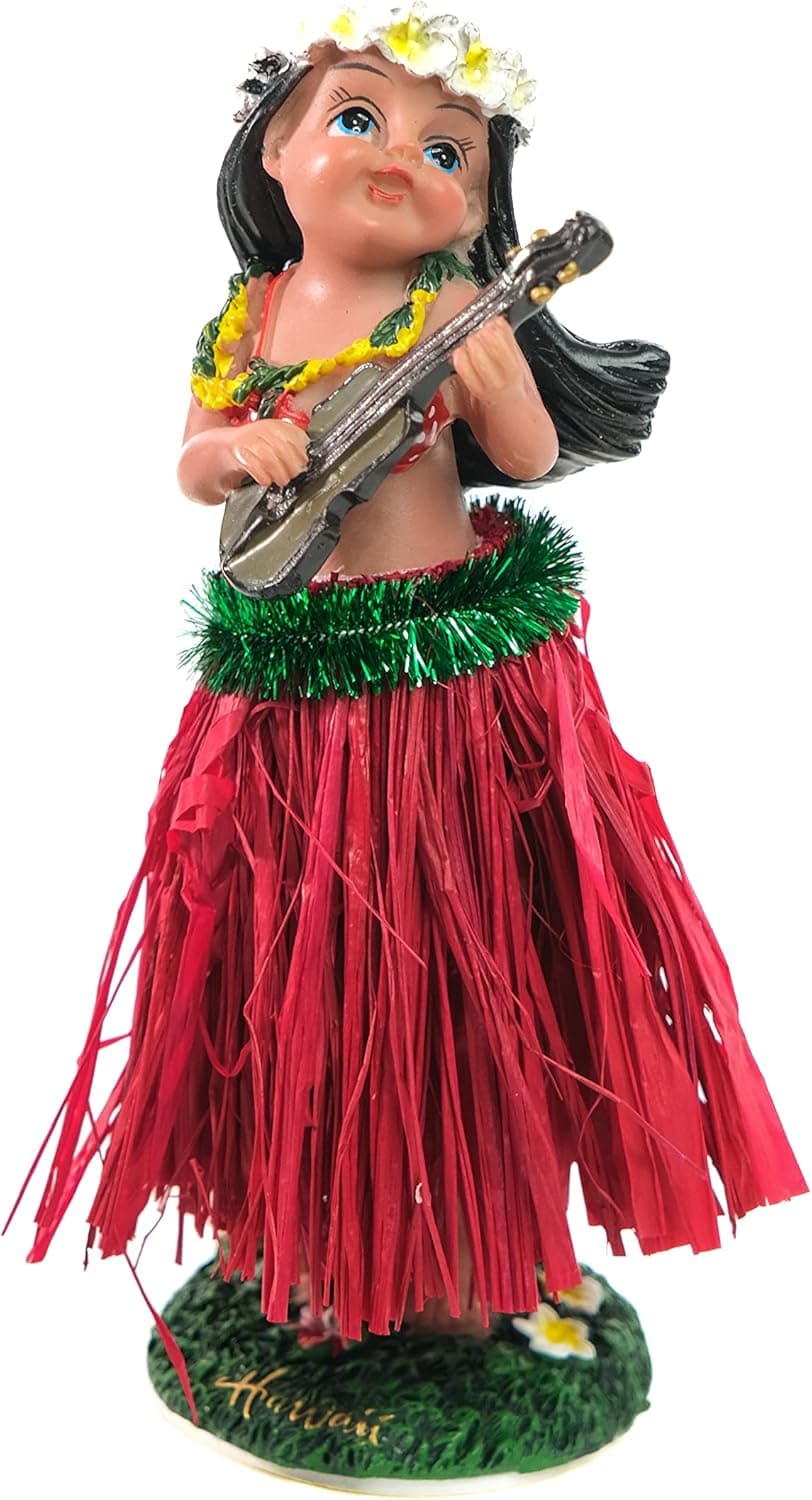 Aloha Outlet Dashboard Hula Doll with Ukulele - Green Waistband Red Skirt