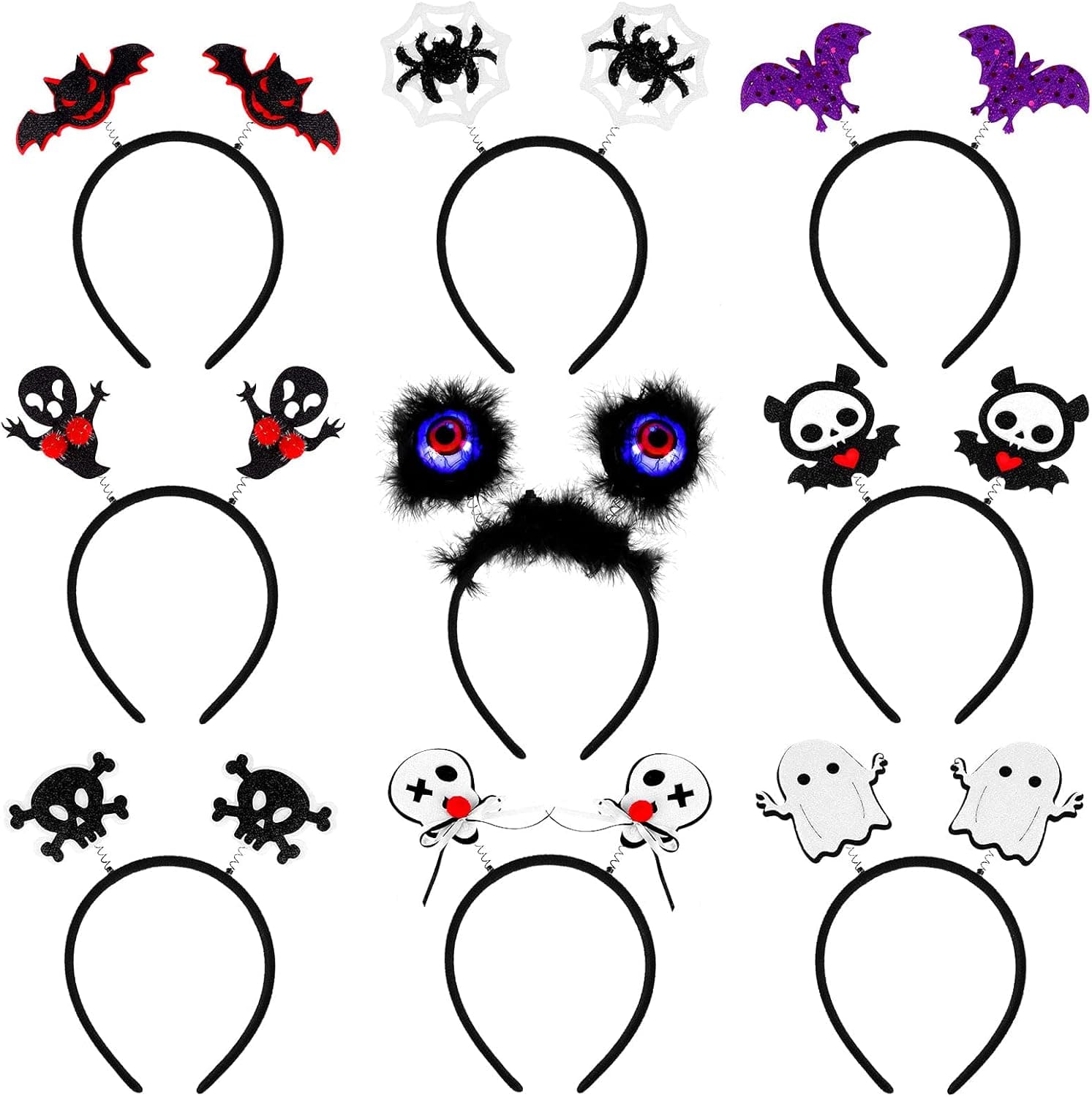 9 Pieces Halloween Headbands Halloween Costume Dress up Ghost Spider Headband Cute Lighted Color Changing Eyeball Hair Hoop Headwear Accessories for Halloween Party Supplies