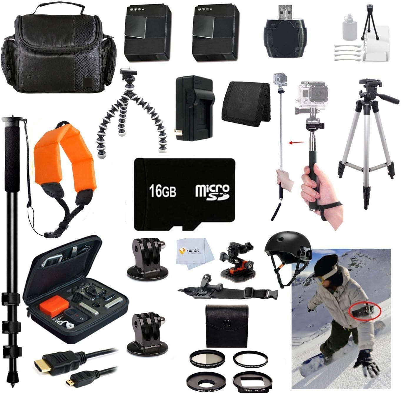 Accessory Kit for GoPro Hero3+ Kit Includes: Outdoors Kit with Arm Mount & Flat Surface Mount + 5 PC. GoPro Filter Kit + Tripod + Monopod + 2 Extra Batteries + 16GB Memory + Case & More All in One Bundle