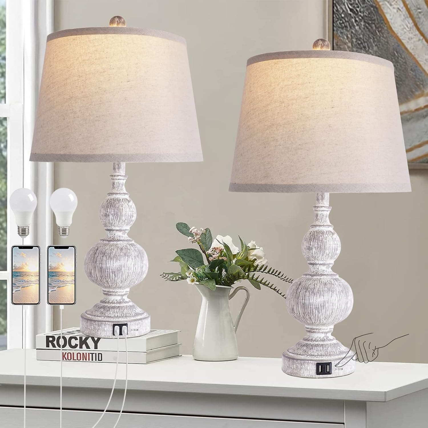 QiMH Table Lamps for Living Room Set of 2, Bedsides Lamps with Dual USB Ports, 3 Way Dimmable Touch Control Lamp, Farmhouse Rustic Resin Nightstand Lamp for Bedroom Office with Bulbs