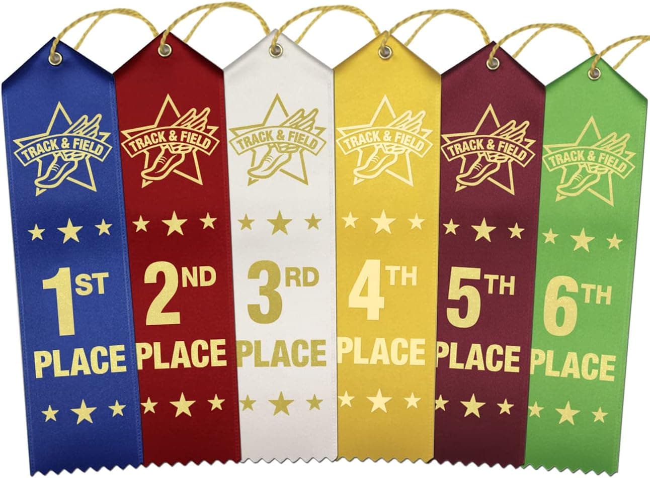 RibbonsNow Track & Field Ribbons 1st - 6th Place, 72 Total Ribbons - 12 Each Place with Card & String