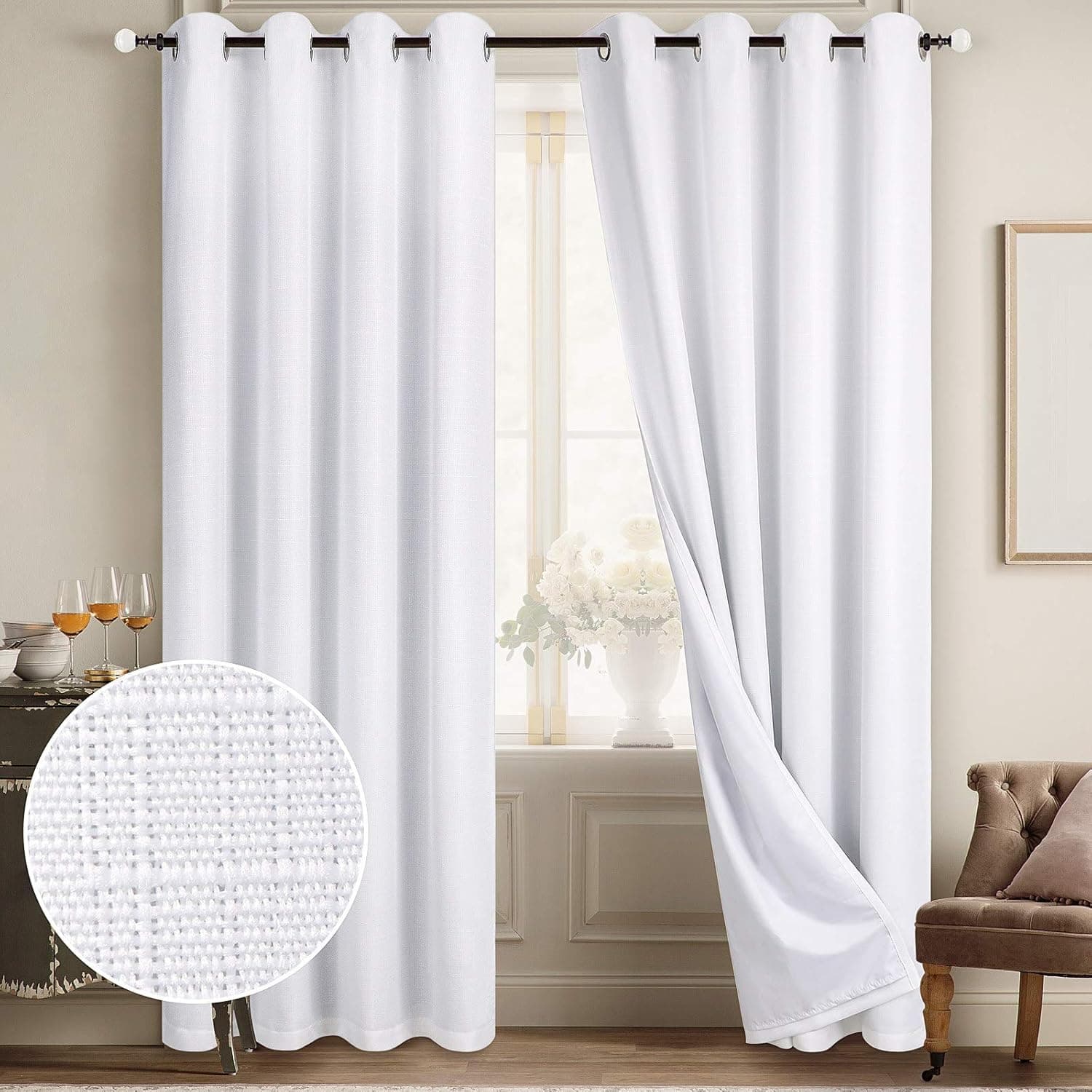 Diraysid 100% Blackout Curtains White Linen Curtains for Bedroom Grommet Thermal Insulated Room Darkening Drapes (2 Panels, W52 x L84 Inch)