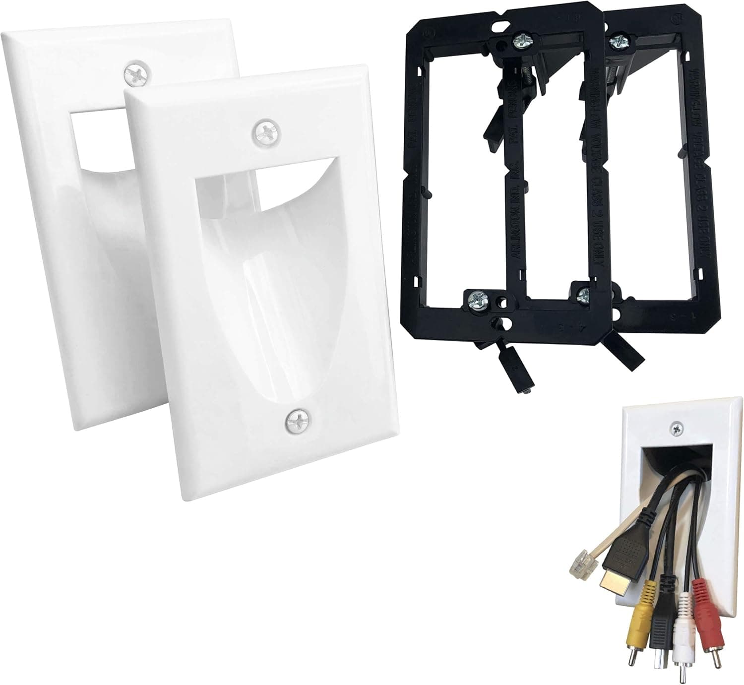 KCC Industries 1-Gang Recessed Low Voltage Cable Plate with Mounting Bracket +UL/CSA Listed Safe+ (2-Pack, White)