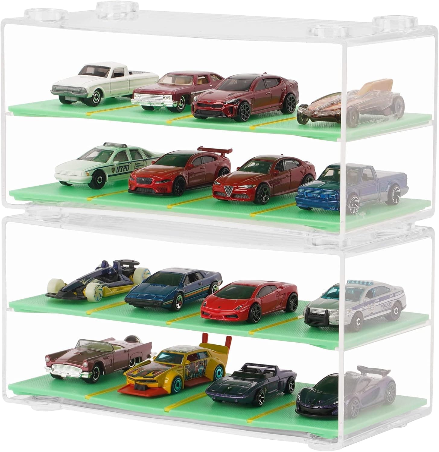 KISLANE Acrylic Display Case Compatible with Hot Wheels, Matchbox Cars, 2 Tiers Removable Laminate Case for Hot Wheels, 8 Slots Display Case for 1:64, 1:32 Scale Toy Cars (2-Pack)