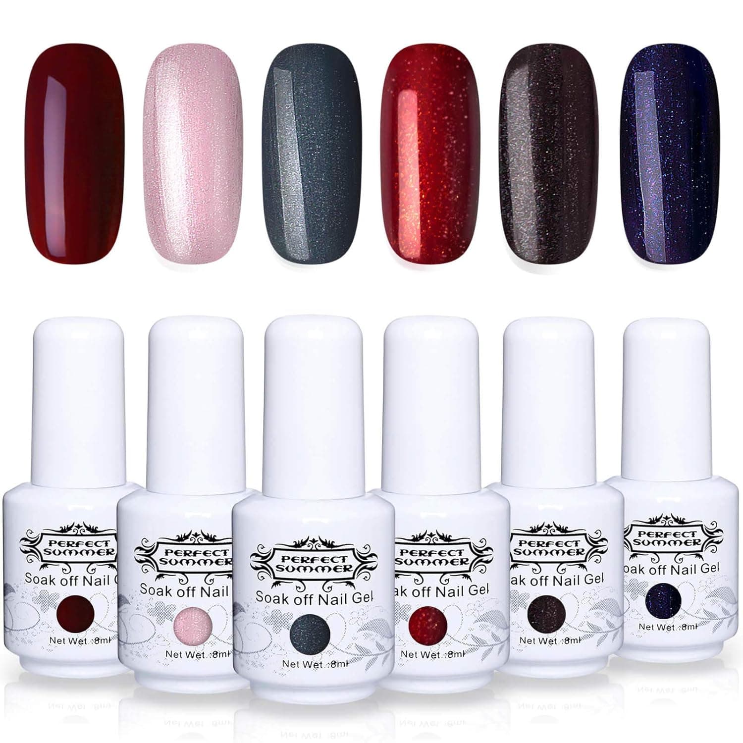 Perfect Summer Gel Nail Polish Kit - 6PCS Trend Colors Gel Varnish Pearl Glitter Nail Polish Soak Off UV LED Manicure Starter Kit Gift Set 8ML 084