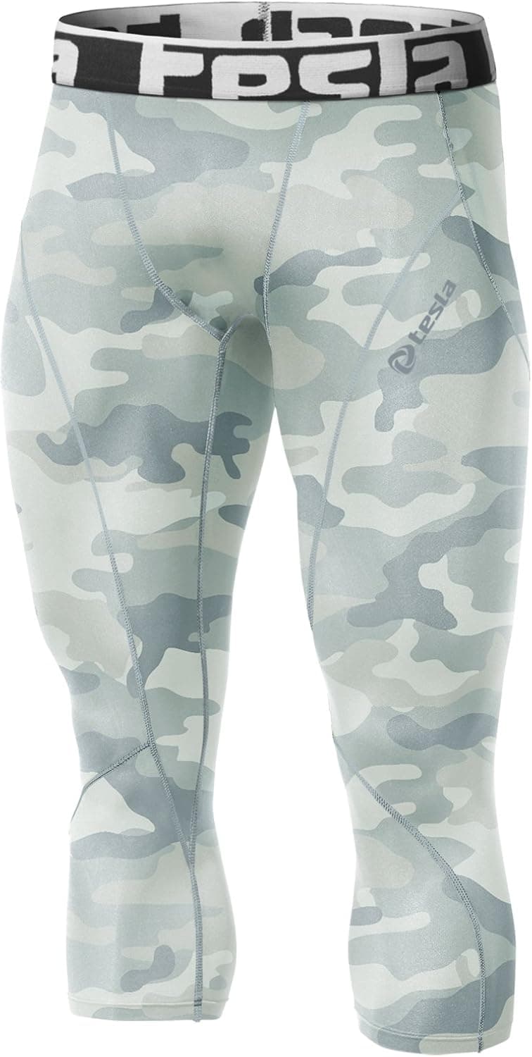 TSLA CLSX Men's 3/4 Compression Pants, Running Workout Tights, Cool Dry Capri Athletic Leggings, Yoga Gym Base Layer, Zero Pants Camo Light Grey, XX-Large