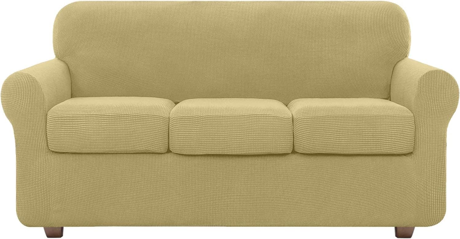 NORTHERN BROTHERS Couch Covers for 3 Cushion Couch Sofa, 4 Pieces Stretch Soft Sofa Couch Slipcovers for 3 Seat Cushion Couch, Washable Pet Sofa Furniture Covers for Living Room (Beige)