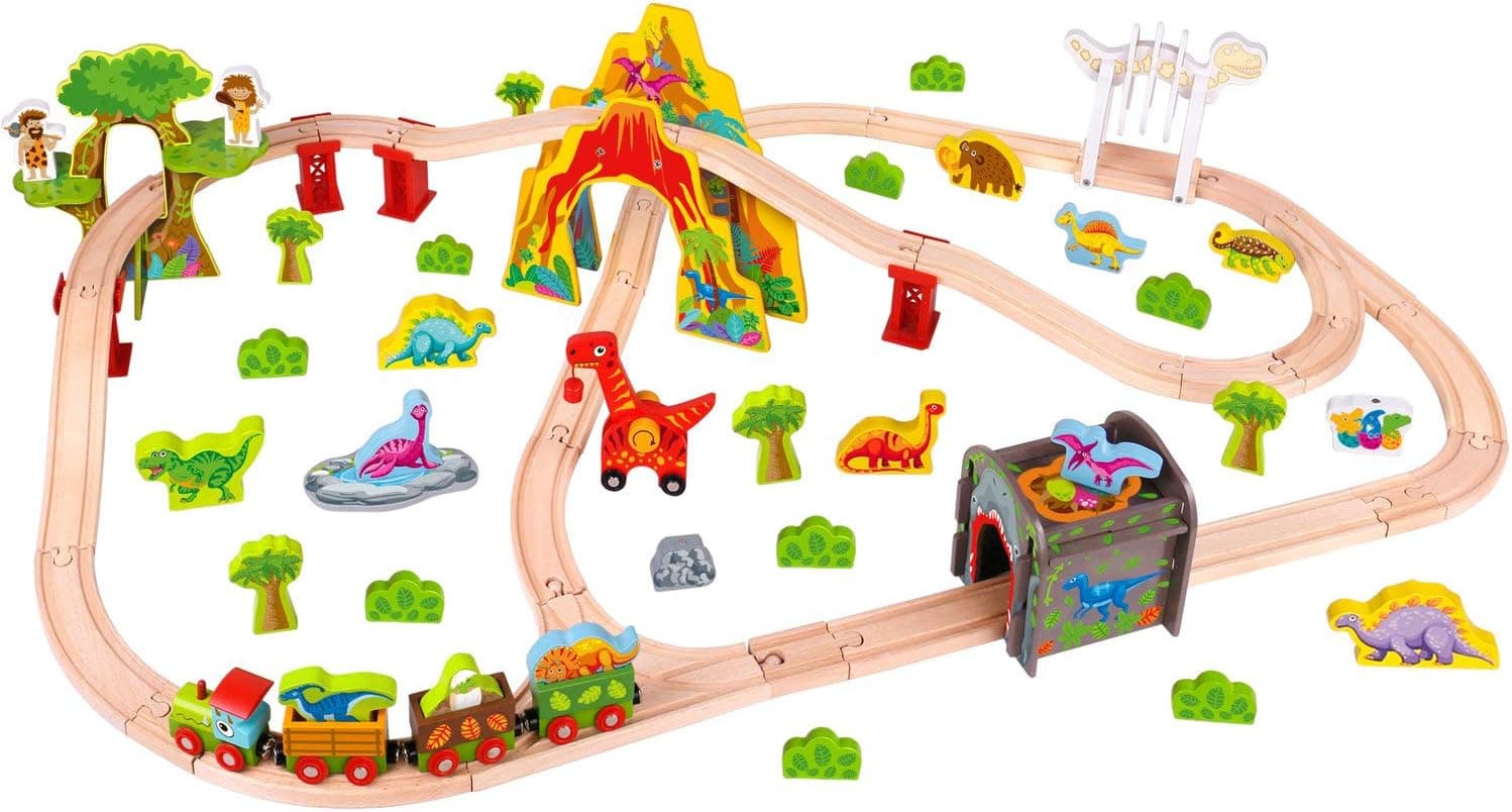 Pidoko Kids Wooden Train Set - 81 Pcs Dinosaur Edition - Railway Tracks and Accessories Magnetic Cars - Compatible with Thomas, Chuggington Toddler Toys