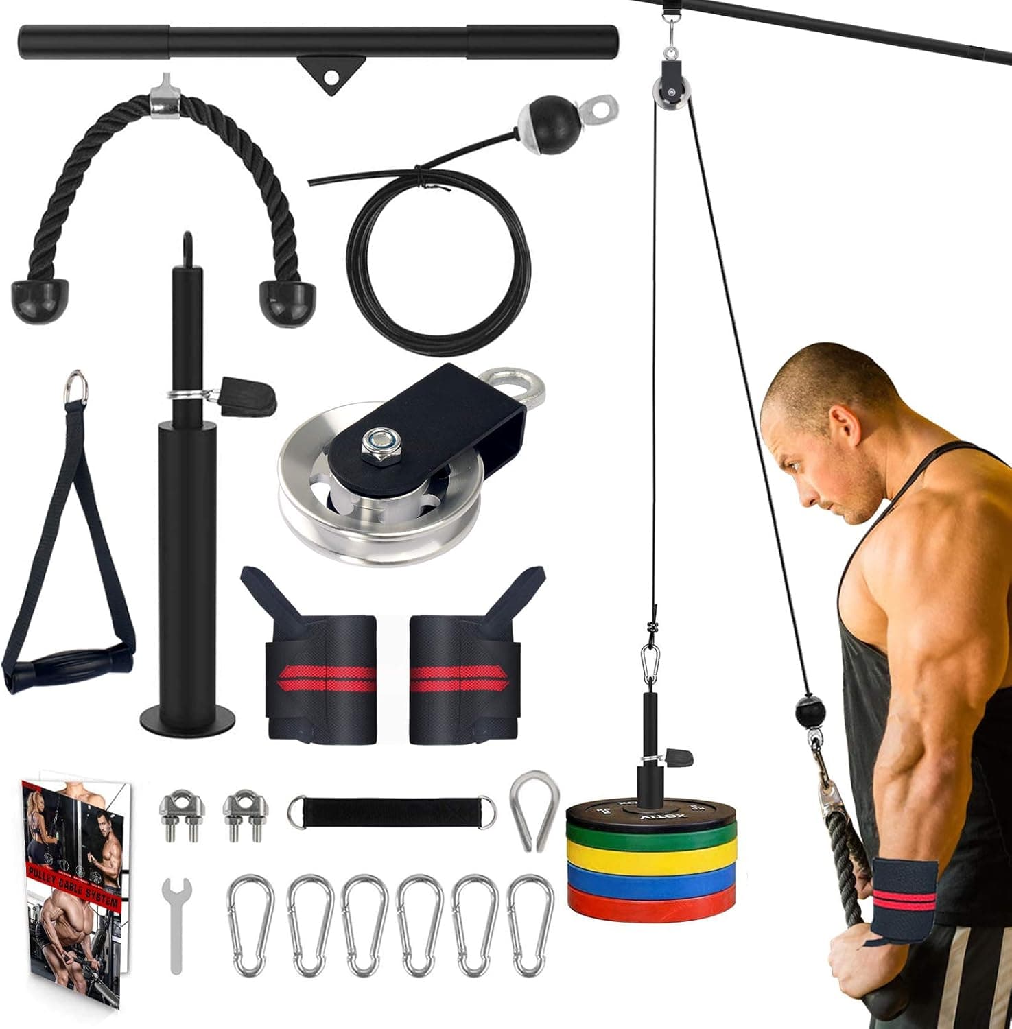 3 in 1 Fitness LAT and Life Pulley System Gym,90'' Adjustable Pull Down Bars and Lift Up Cable Machine, with Upgrad Loading Pin, Exercise Upper Body for Biceps, Back, Forearm, Home Weights Equipment