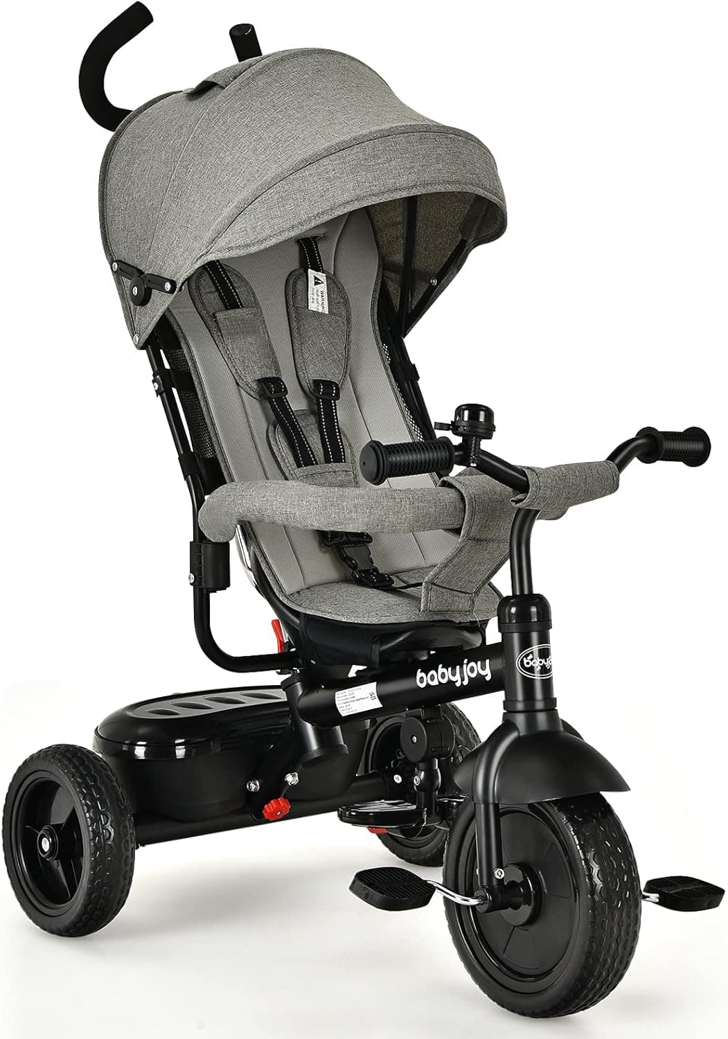 BABY JOY Toddler Tricycle, 4-in-1 Steer Tricycle w/ Adjustable Push Handle & Canopy, Detachable Guardrail, Safety Harness, Foldable Footrest, Storage, Double Brakes, Push Bike for 1-6 Years Old, Gray