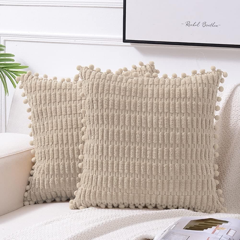 Fancy Homi 2 Packs Tan Decorative Throw Pillow Covers 24x24 Inch with Pom-poms for Couch Bed Living Room, Farmhouse Boho Home Decor, Soft Corduroy Cute Square Cushion Case 60x60 cm