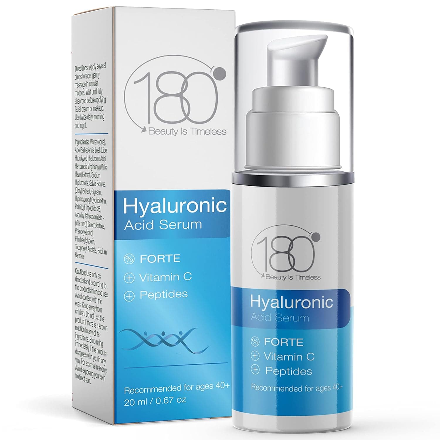 Hyaluronic Acid Serum for Face - Forte Triple Moisturizing Formula with Vitamin C by 180 Cosmetics Beauty is Timeless - Smooth & Rejuvenate Pure Anti Aging Facial Moisturizer for Women Wrinkle Remover