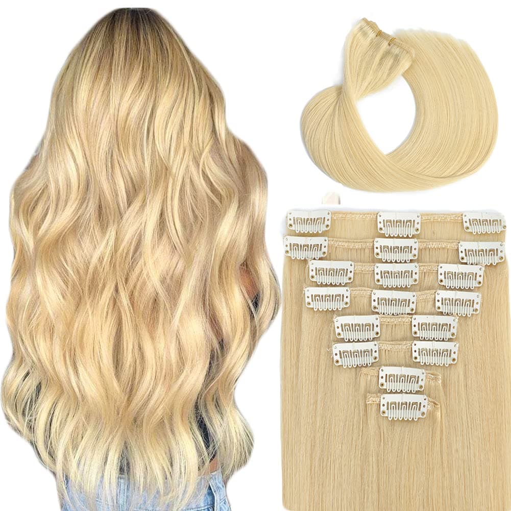 BQHRIYM Clip in Hair Extensions Real Human Hair Bleach Blonde Straight Clip in Hair Extensions 22inch 8Pcs 75g Double Weft Brazilian Virgin Human Hair Clip in Extensions for Women(#613)