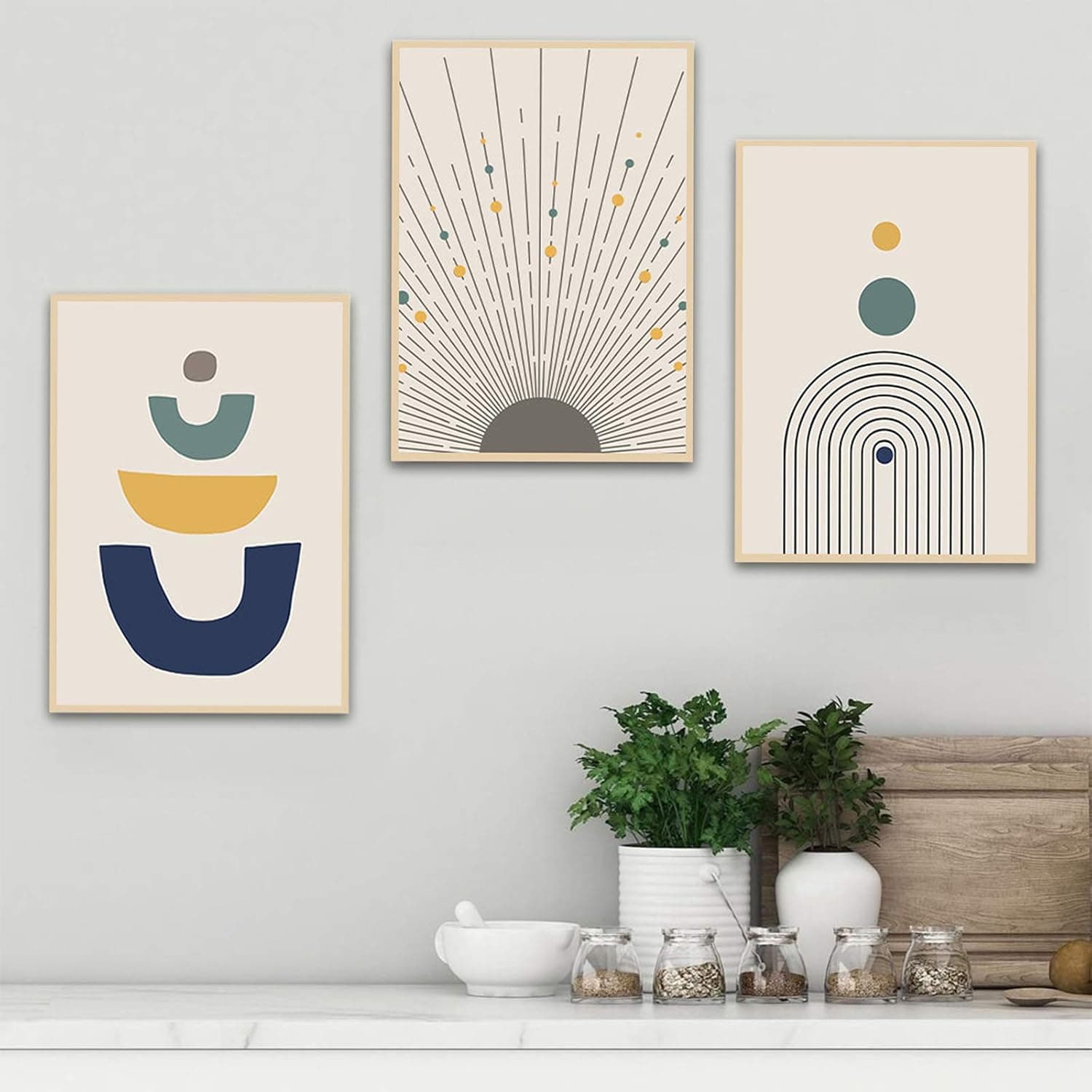 Ecyanlv Mid Century Modern Wall Art Print Abstract Posters Minimalist Art Painting Vintage Poster Line Drawing Sun Geometric Pictures for Home Decor 16x24 Inch Unframed
