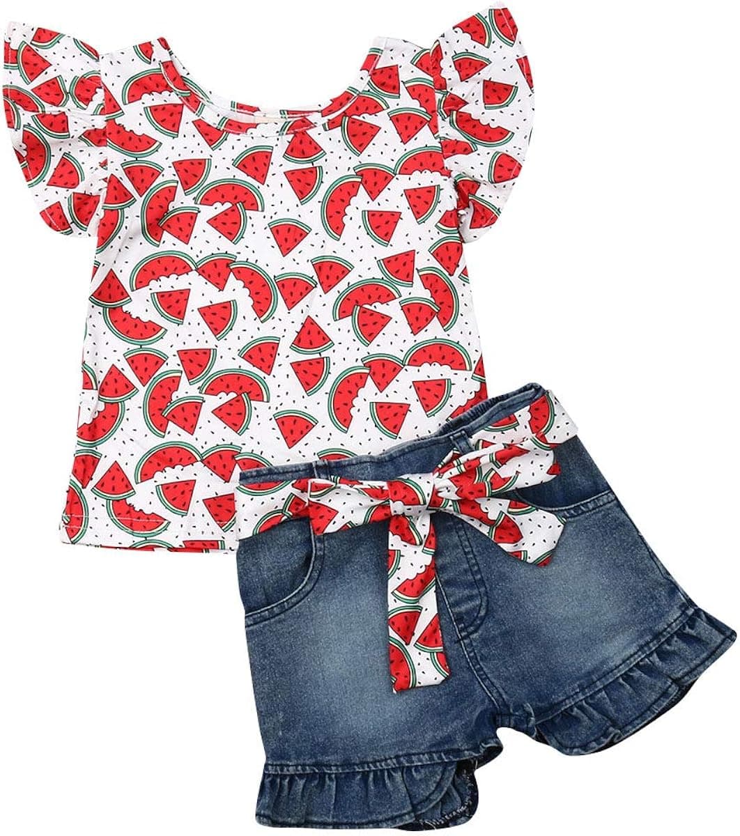 Baby Toddler Girls Floral Short Sleeve Tops T-Shirt Vest & Denim Shorts Set Kids 1T 2T 3T 4T 5T 6T Clothes Summer Outfits