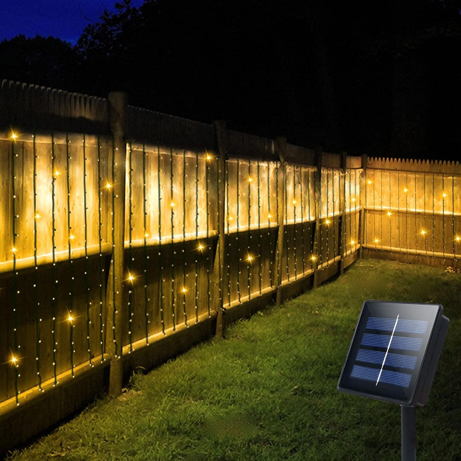 echosari Solar Curtain Icicle Lights String Warm White, 6.6ft ×6.6ft 200 LED 8 Modes Solar Powered LED Window String Lights for Wedding Garden, Patio, Home, Party Backdrop Outdoor Wall Decor