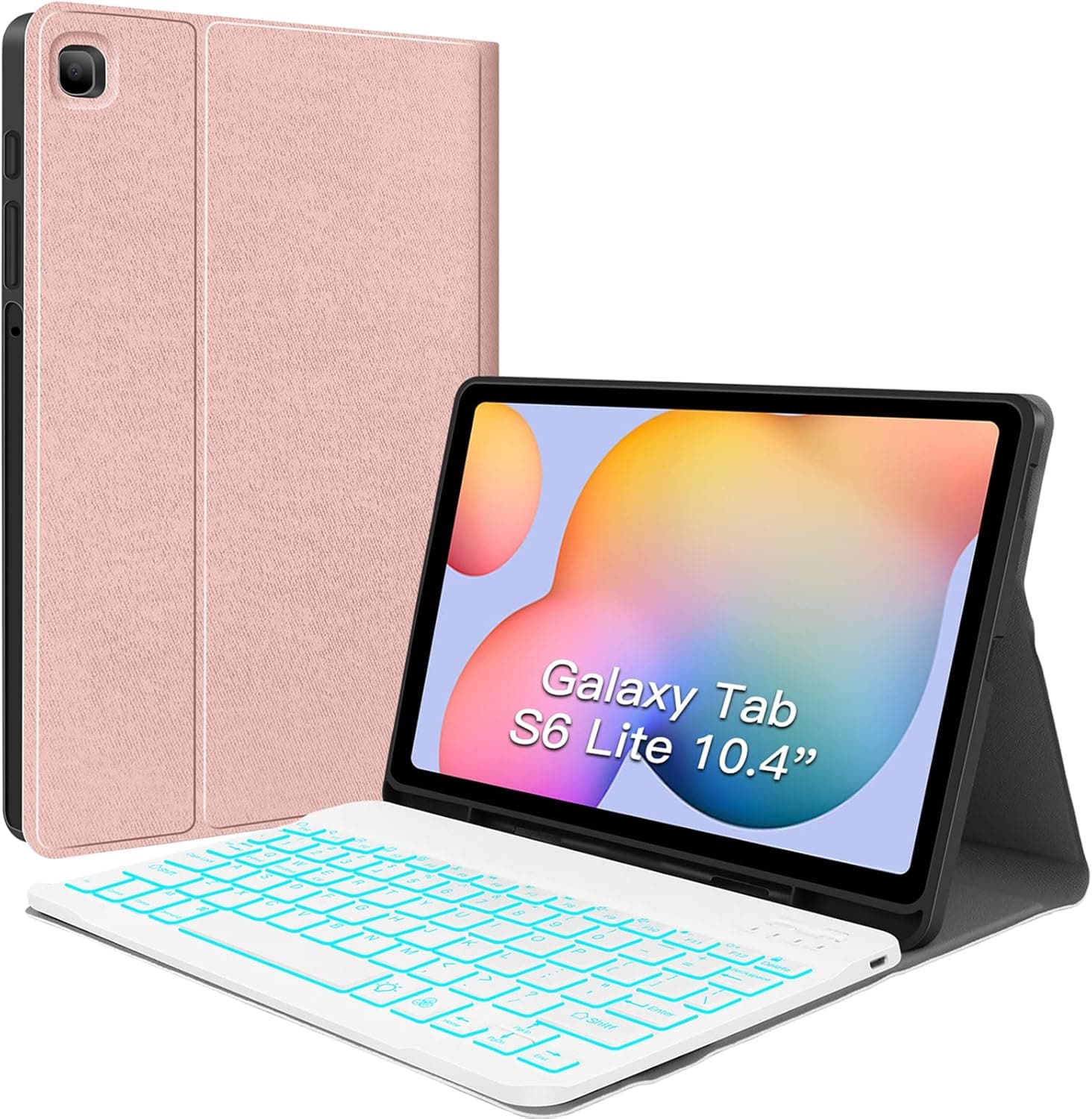 JUQITECH Backlit Keyboard Case for Samsung-Galaxy-Tab S6 Lite 10.4" 2022/2020, Galaxy Tab S6 Lite SM-P610/P613/P615/P619 Smart Tablet Cover Case with Detachable Wireless Keyboard S Pen Holder, Pink