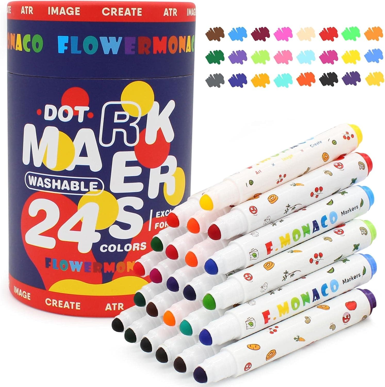 Lebze Washable Markers for Kids Ages 2-4 Years, 24 Colors Toddler Markers for Coloring Books, Safe Non Toxic Art School Supplies for Boys & Girls Easy to Grip Flower Monaco