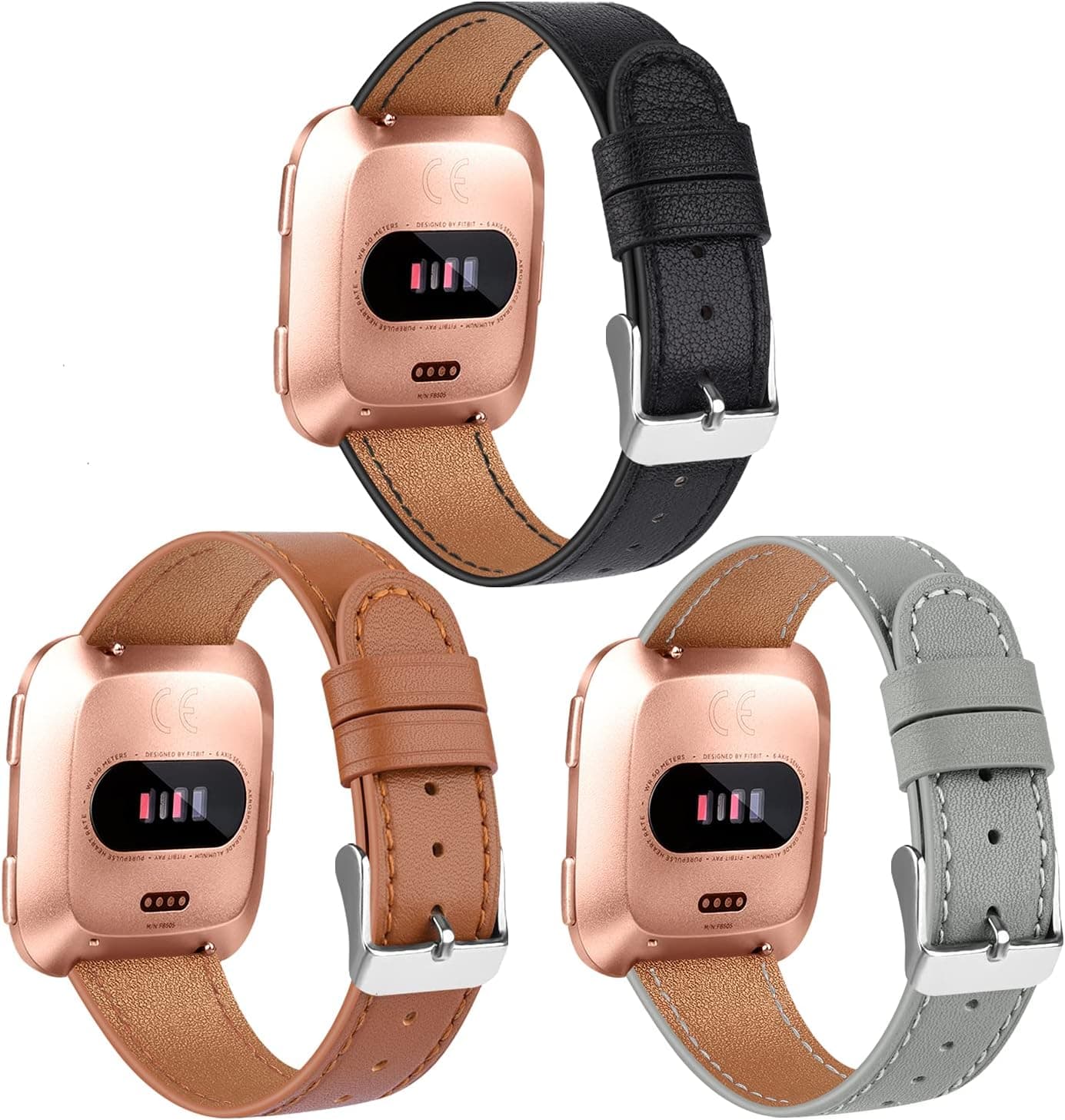 POHNUI 3 Pack Leather Bands Compatible with Fitbit Versa 2/Versa/Versa Lite/Versa SE for Women Men, Adjustable Soft Leather Replacement Strap Wristband for Fitbit Versa Smart Watch