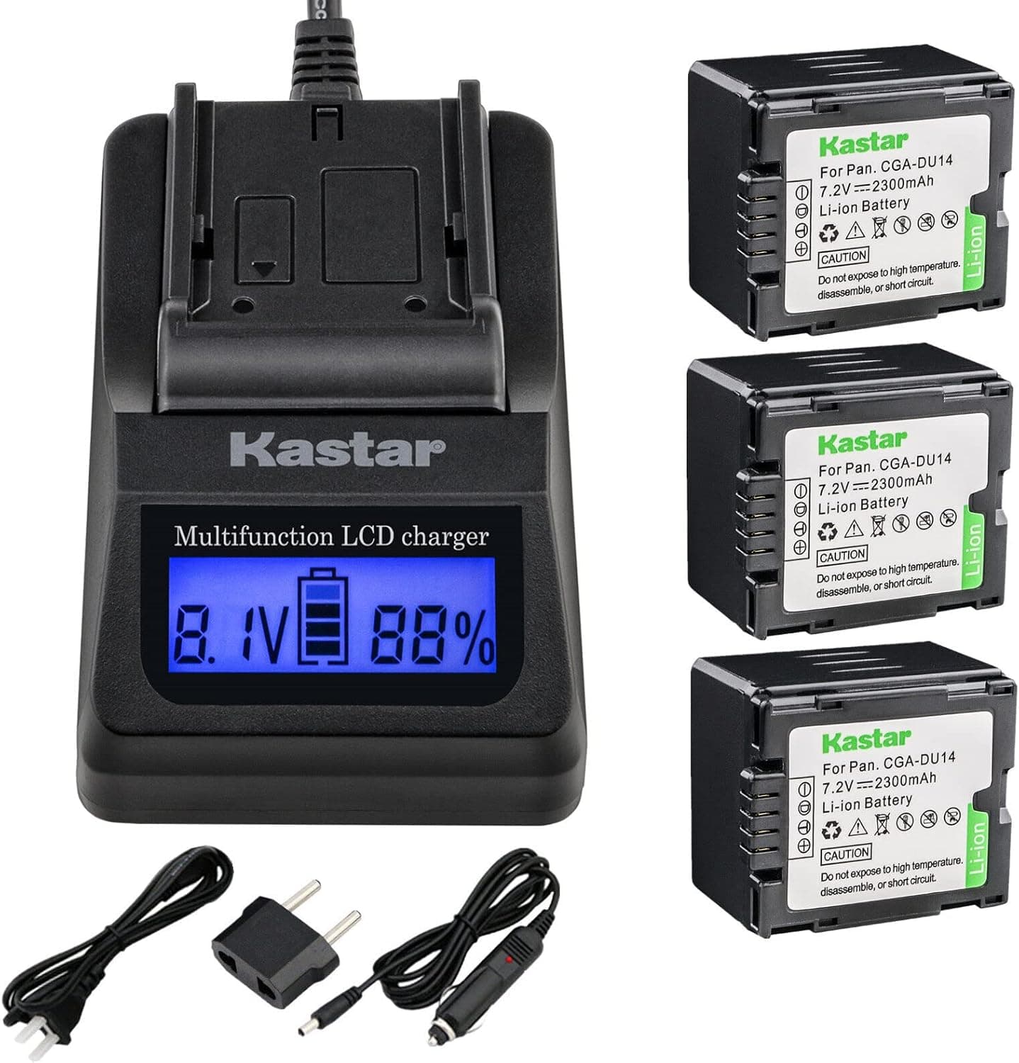 Kastar Charger and CGA-DU14 Battery (3-Pack) Replacement for Panasonic VBD140 VBD210 PV-GS120 GS150 GS180 GS320 GS400 GS500 SDR-H250 H280 VDR-M75 M95 M250, Hitachi DZ-BP21SJ DZ-BP14S DZ-BP7S DZ-BP14SW