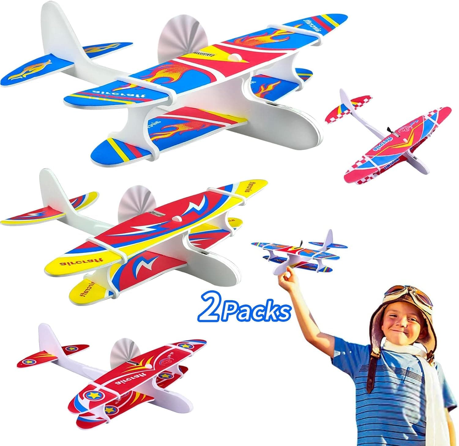 2 Pack Airplane Toy, Foam Airplanes Outdoor Toys for Kids Boys 5-7,Throwing Foam Gliders Plane Electric Airplane Activities Flying Toys Party Favors Beach Camping Games