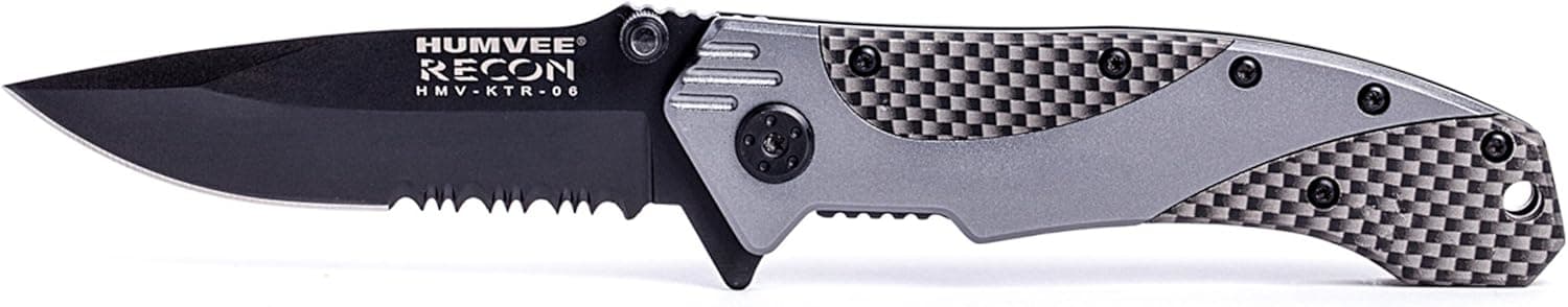 Humvee HMV-KTR-06 Recon 6 Folding Knife with Partially Serrated Stainless Steel Blade and Metal Pocket Clip, Black and Silver