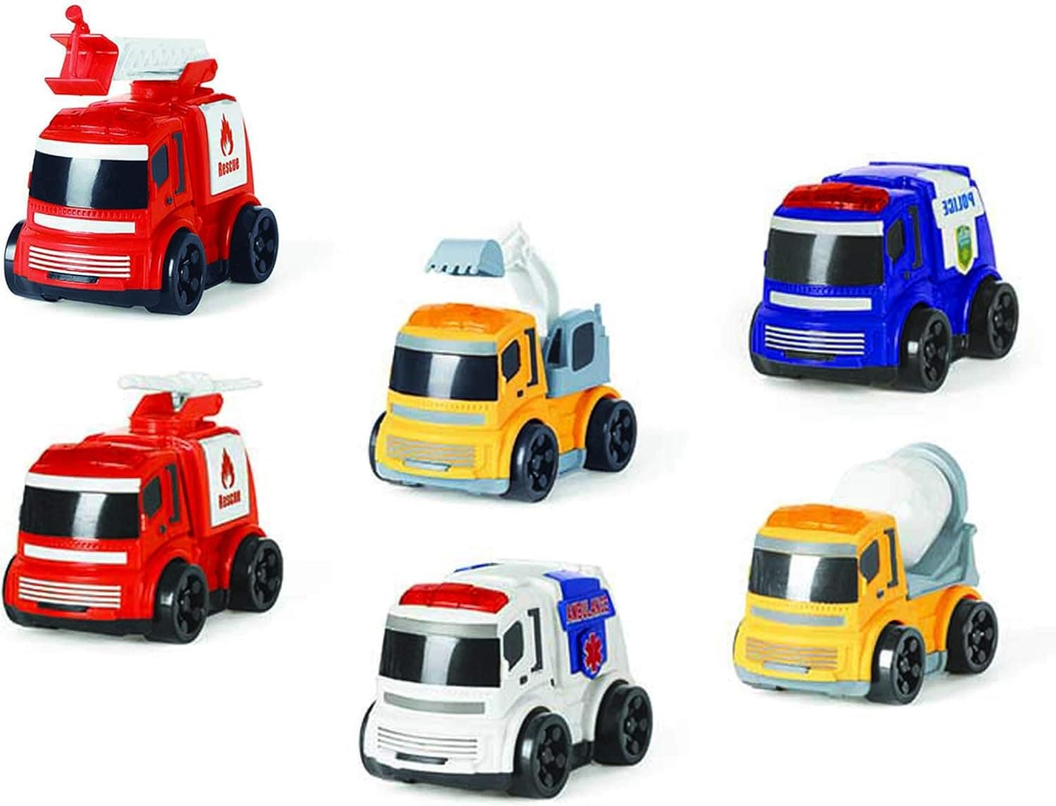 Mozlly Friction Powered City Squad Trucks, Pull Back Action, Ready to Run Toy Vehicles for Little Children Boys and Girls - Includes Fire, Truck, Police, Ambulance, Construction, Emergency (6 Pieces)