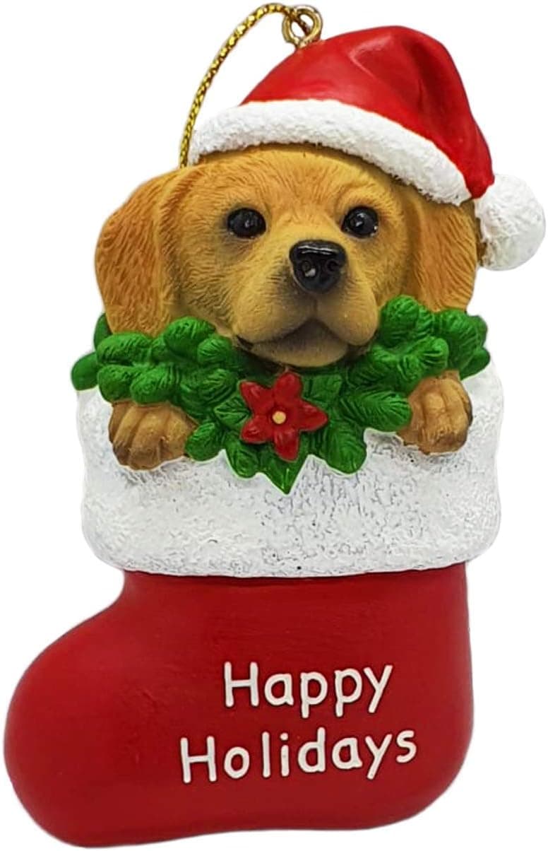 Golden Labrador Retriever Dog in Red Stocking Hanging Holiday Christmas Tree Ornament Xmas Decoration