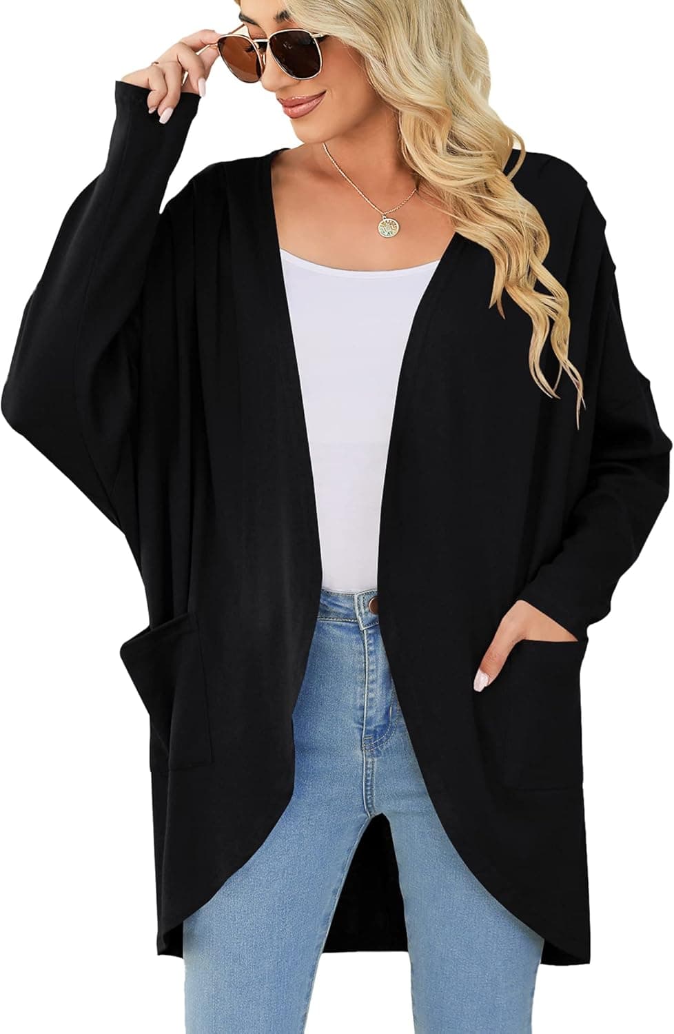 Ivicoer Women's Open Front Lightweight Cardigan Long Batwing Sleeve Oversized Cardigans with Pockets S-XXL