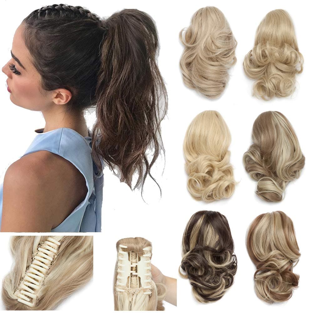 12” Short Curly Claw Ponytail Extension Clip In On Hairpiece With Jaw/Claw Synthetic Fluffy Pony Tail One Piece Dark Brown & Sandy Blonde
