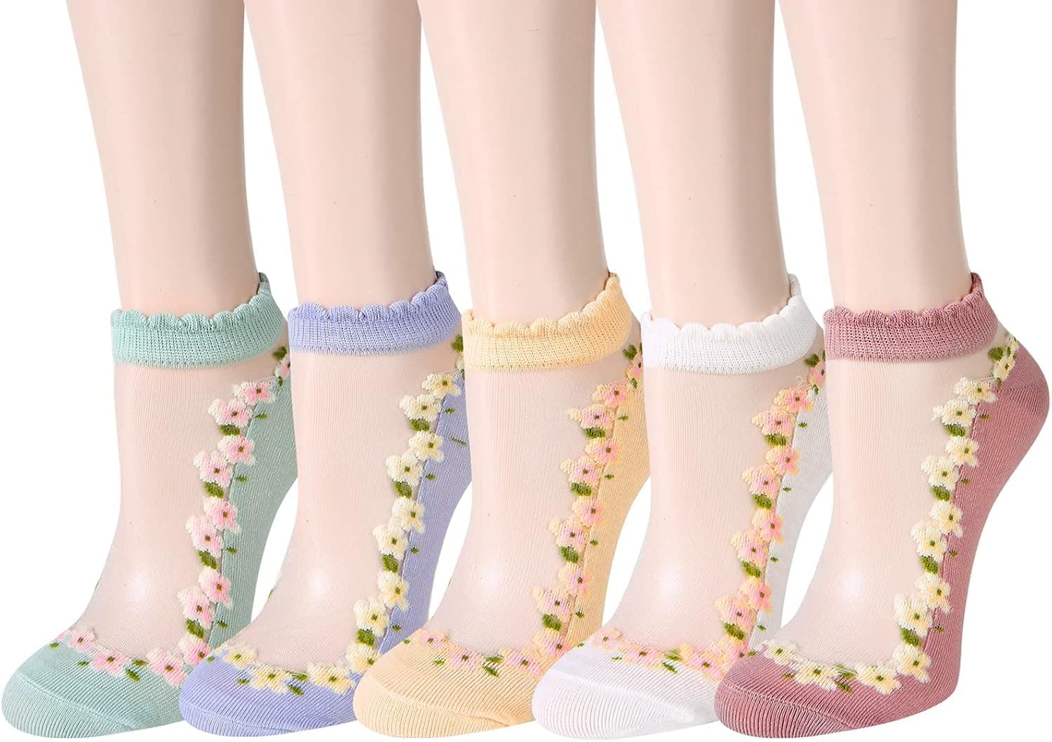 Violet Mist Girl Floral Lace Socks for Women Summer Ankle Sheer Socks Fashion See Through Transparent Silk Fishnet Nylon Sock