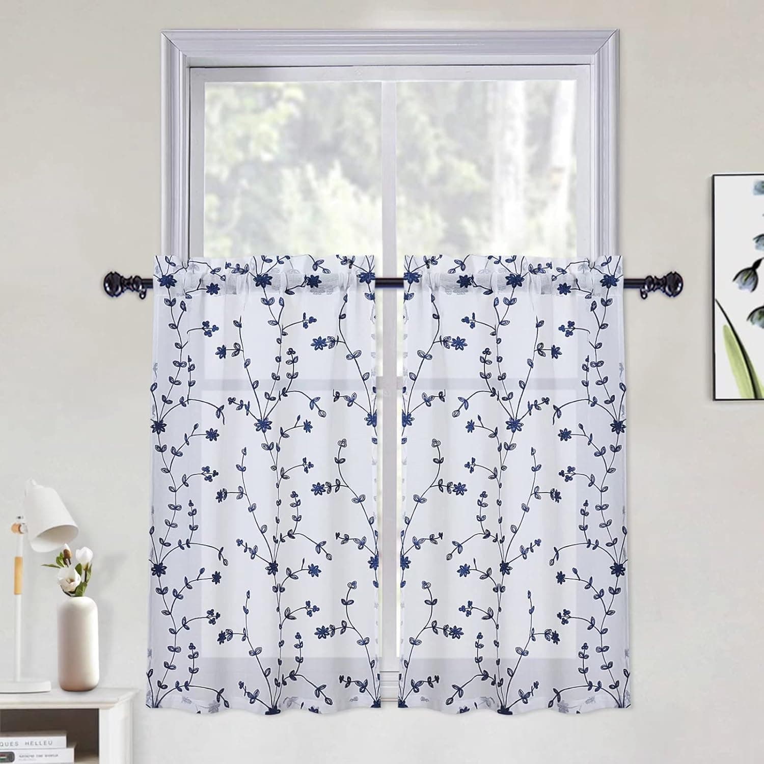 CAROMIO Sheer Kitchen Curtains 24 Inch Length, Leaf Embroidered Cafe Curtains Rod Pocket Voile Window Treatments, Faux Linen Textured Semi Sheer Bathroom Curtain (Navy Blue, 26" W x 24" L, Set of 2)