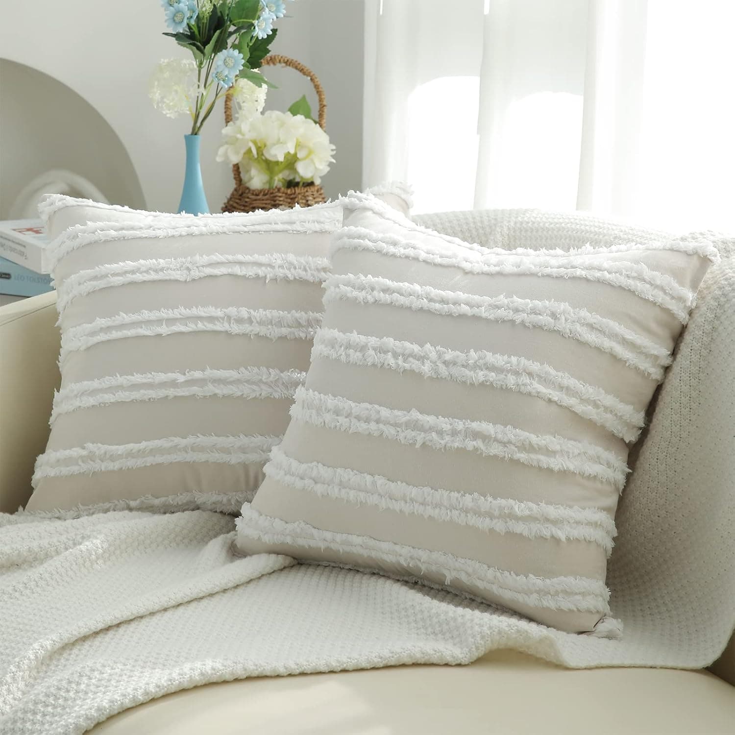 Pallene Boho Decorative Throw Pillow Covers, Neutral Striped Pillow Covers 20X20 Set of 2, Beige Cotton Linen Pillow Covers for Couch Sofa Living Room.
