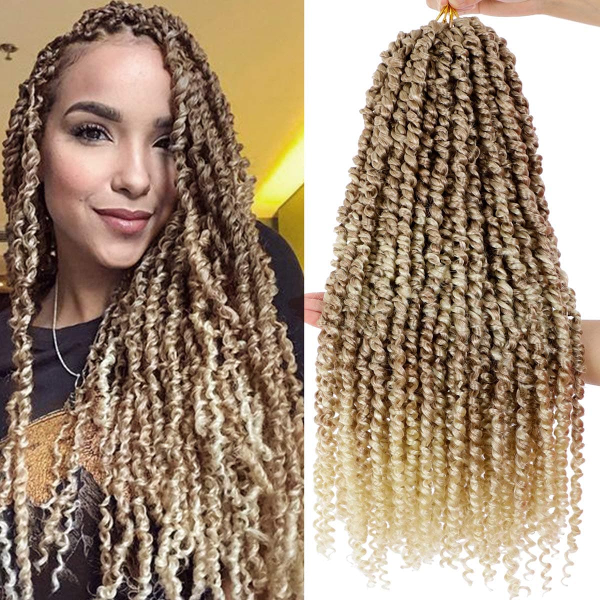 5Packs(115g/pack) Ombre Blonde Pretwisted Passion Twist Corchet Hair 22inch Pre-Looped Long Passion Twist Bohemian Curly Synthetic Braiding Hair Extensions(15strands/pack,T27/613#)