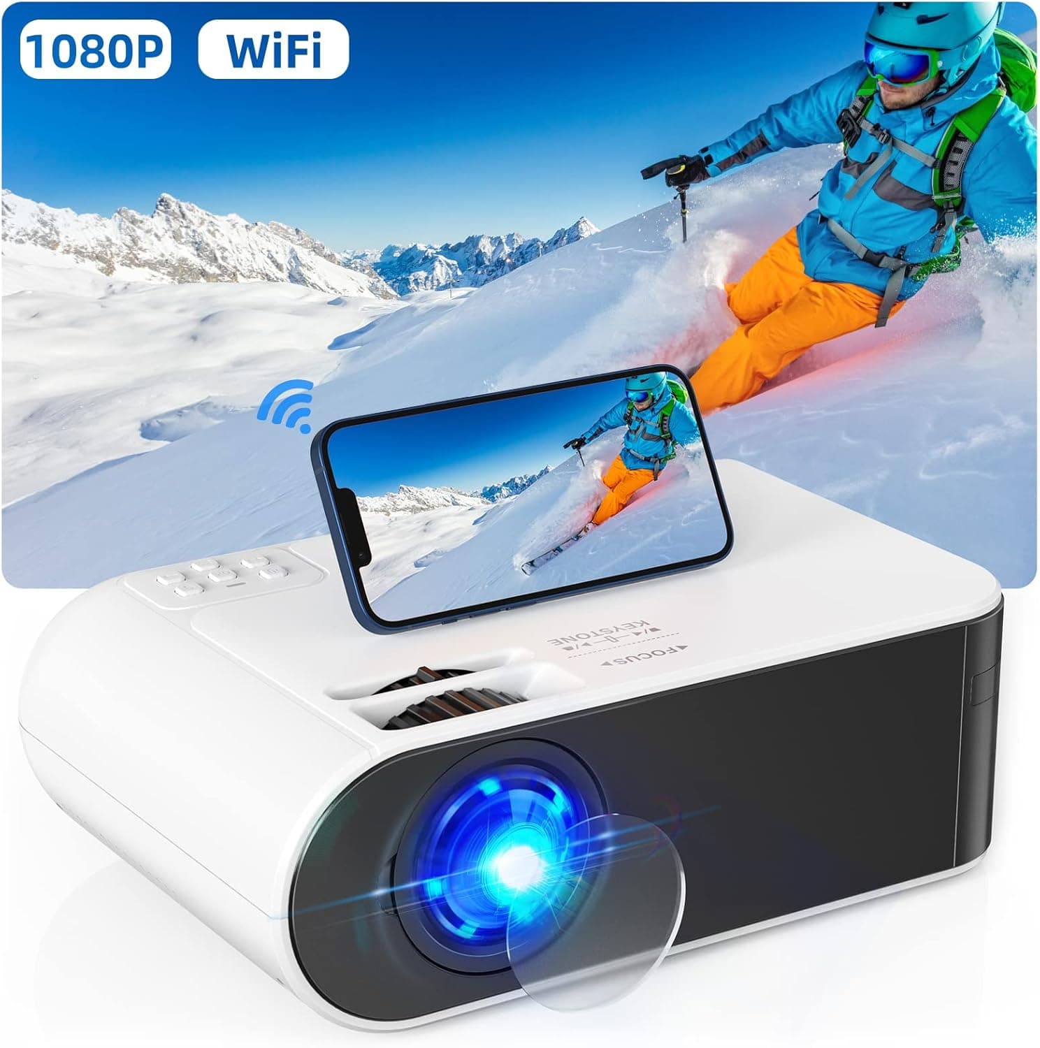 Mini Projector, FHD 1080P Portable Projector with WiFi and Bluetooth 7500 Lumen Outdoor Video Projector Home Theater Movie Projector Compatible with iOS/Android TV Stick Laptop PC HDMI VGA