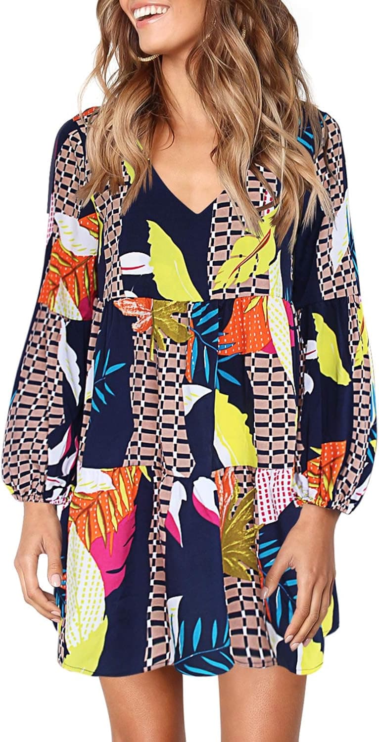 FOWSMON Women's Tunic Dress Cute Printed V Neck Long Sleeve Casual Swing Ruffle Dress