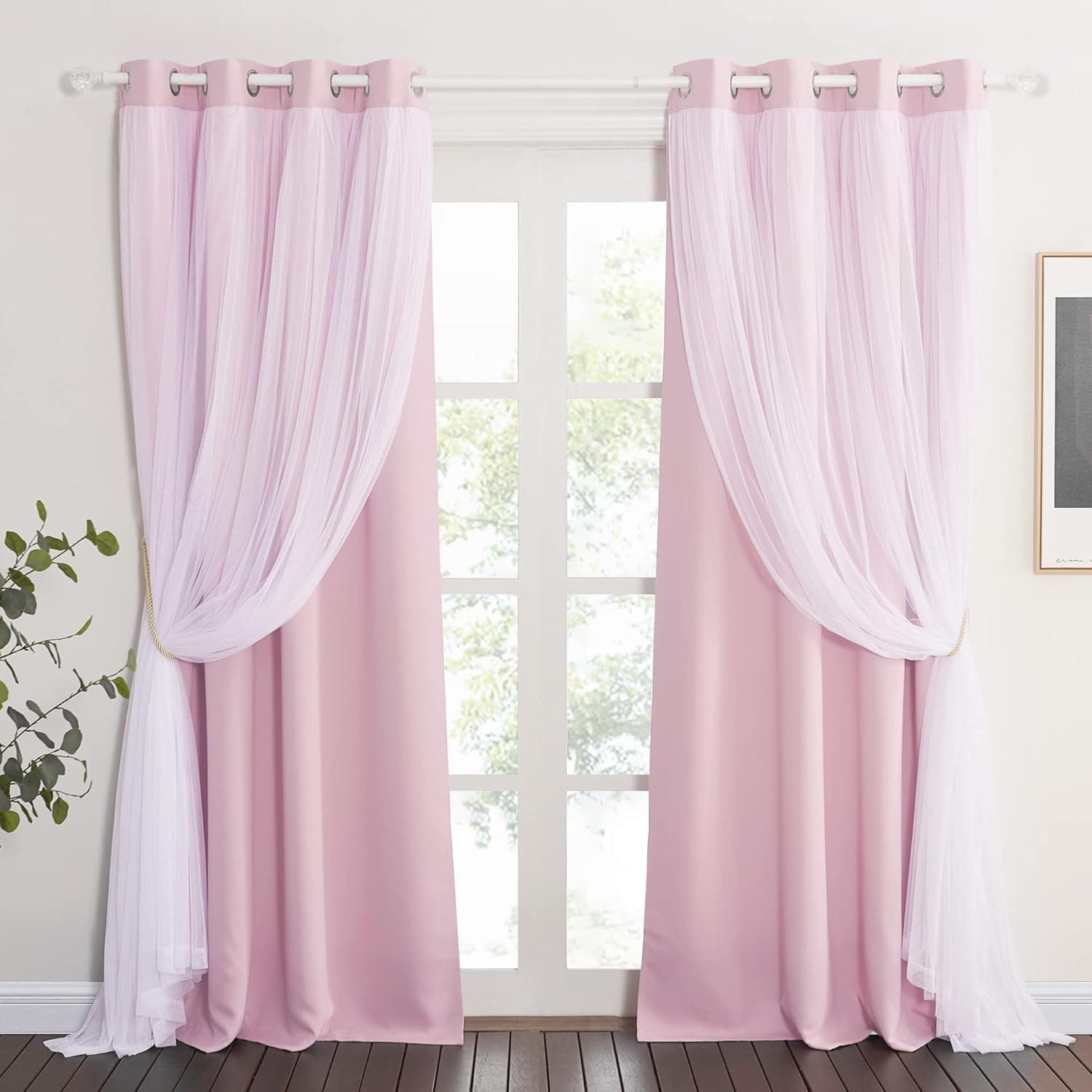 PONY DANCE Blush Pink Curtains - Girls Bedroom Curtains Double-Layered Panels with Free Tie-Backs Solid Blackout Sheer Curtains 63 inches Long, 52 Inch Wide Drapes with Grommet Top, 2 Pieces