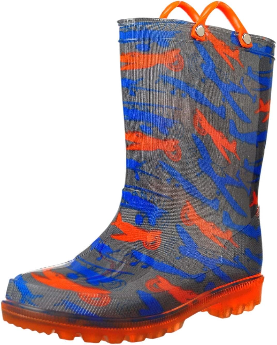 ZOOGS Light Up Kids Toddler Rain Boots for Girls and Boys with Handles, Grey (Airplane)- 6 Toddler