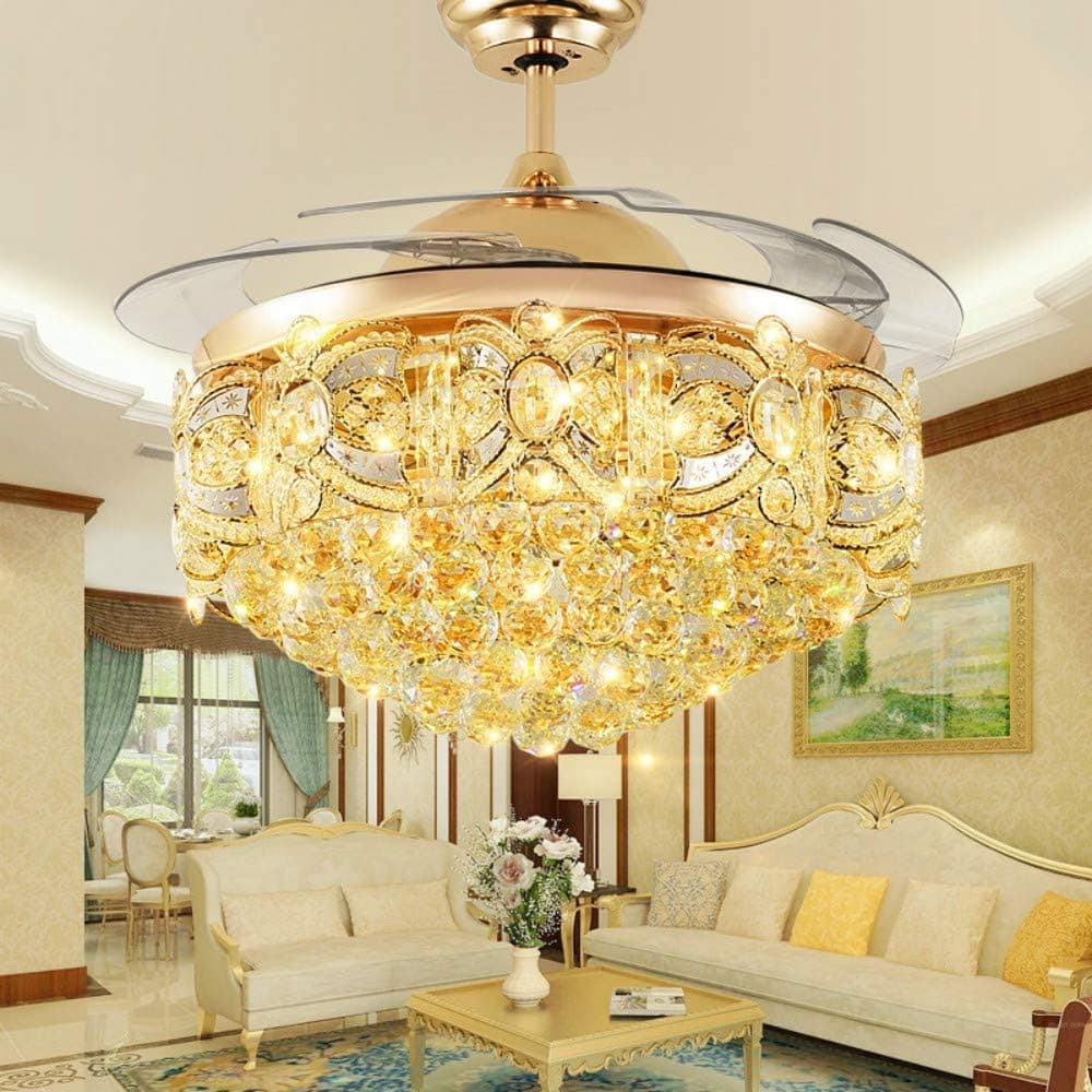 Lighting Groups 42" Reversible Invisible Ceiling Fan with LED Light and Remote Control, 4 Retractable Blades Fan Chandelier for Bedroom Livingroom, Indoor Crystal Ceiling Light Kits with Fans(Gold)