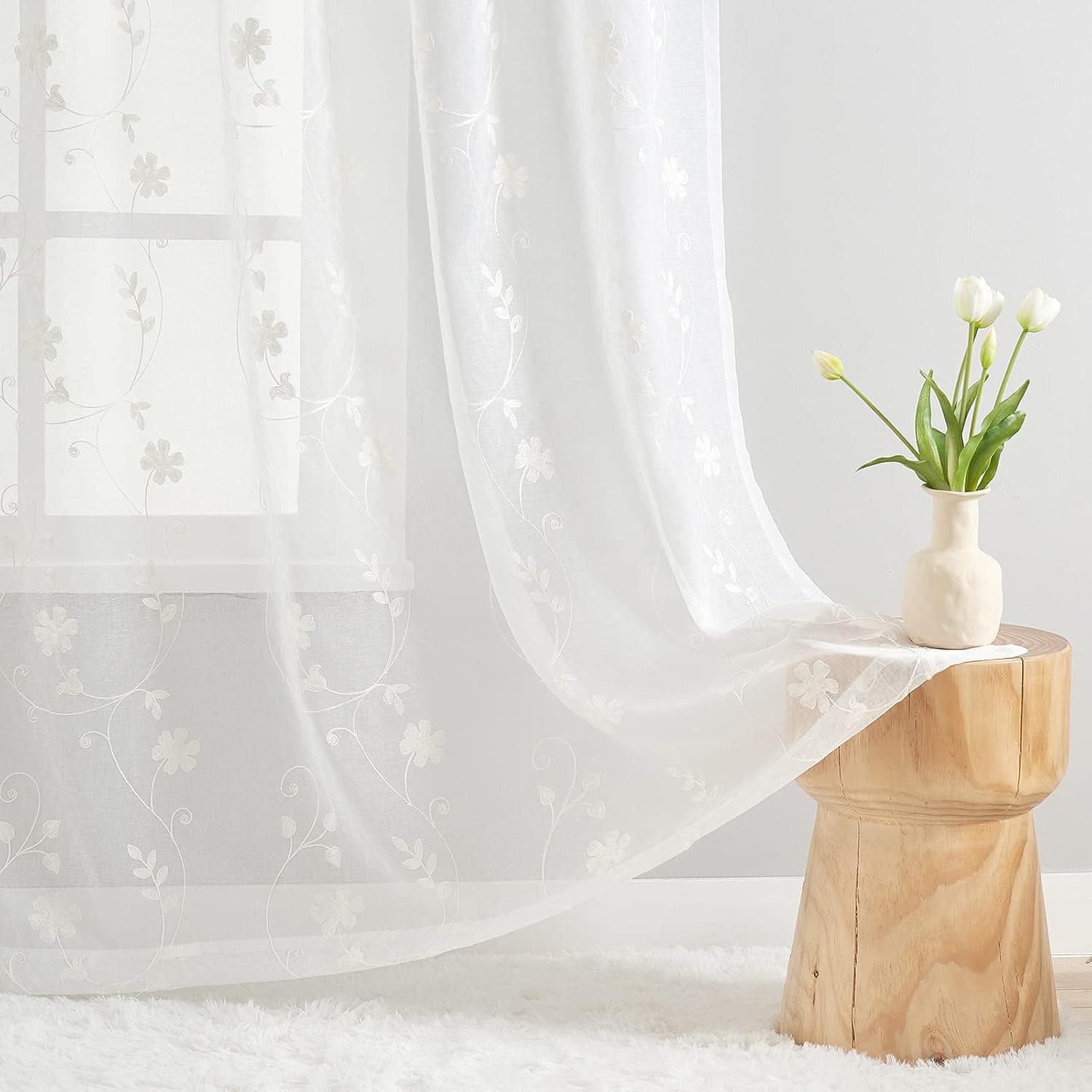 White Sheer Curtains 63 Inch Length 2 Panels, Floral Embroidered Curtains Light Filtering and Privacy, White Sheer Curtains Semi Sheer Window Curtain Panels for Kitchen, Bedroom, White, 52 x 63 Inch