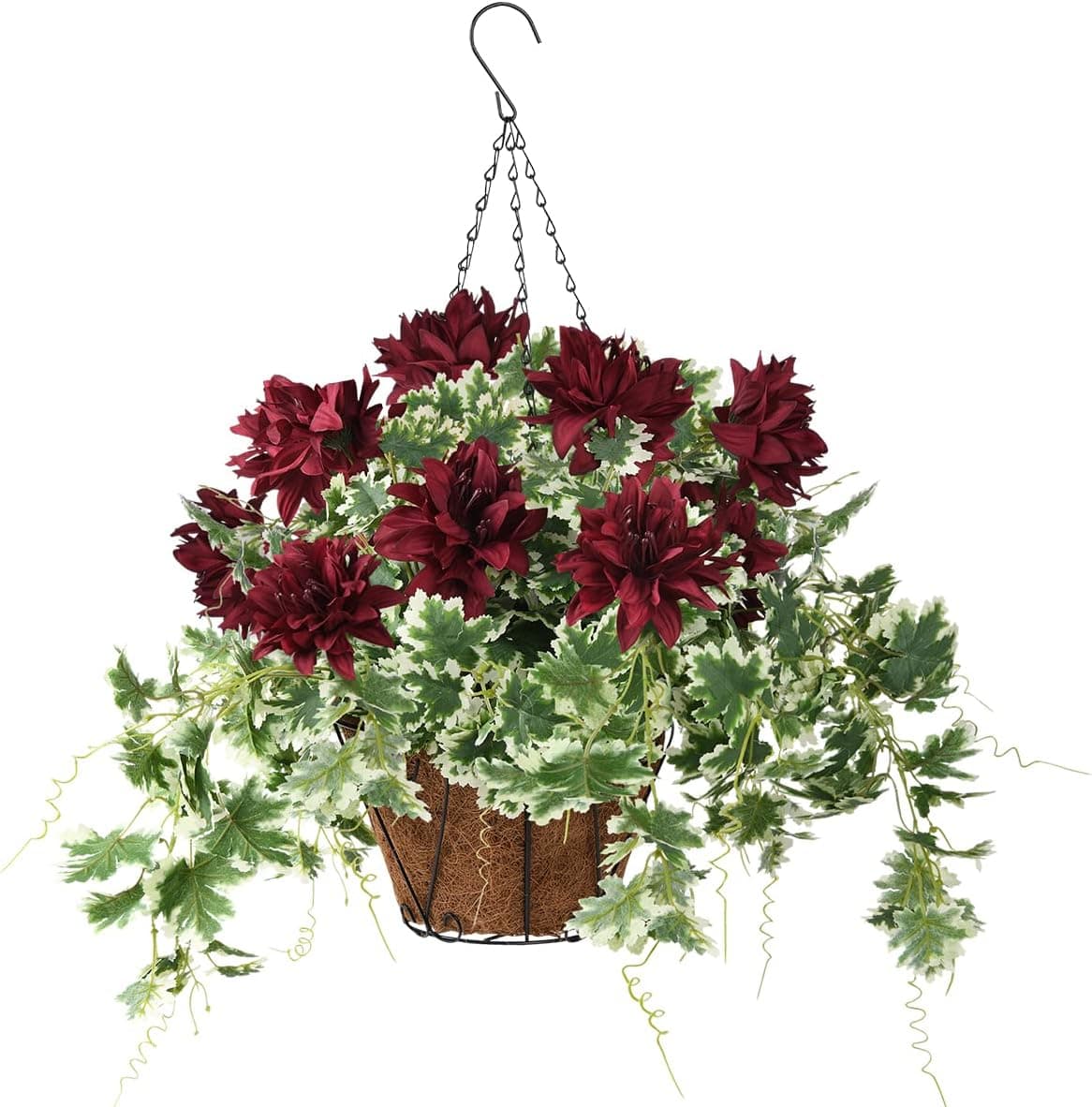 Artificial Flowers Hanging Basket with Peony Silk Vine Flowers for Outdoor/Indoor, Artificial Hanging Plant in Basket, Ivy Basket Artificial Hanging Plant for Patio Lawn Garden Decor (Dark Red)