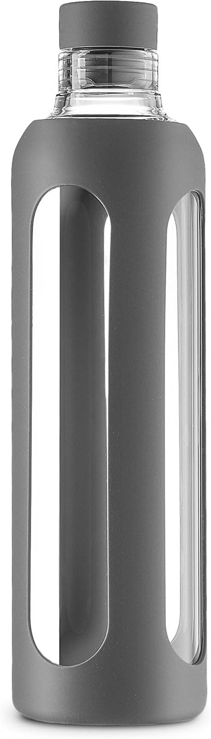 SWIG SAVVY Stylish Real Borosilicate 20-oz Glass Water Bottle with Silicone Sleeve - Silicone Cork Cap - Gray
