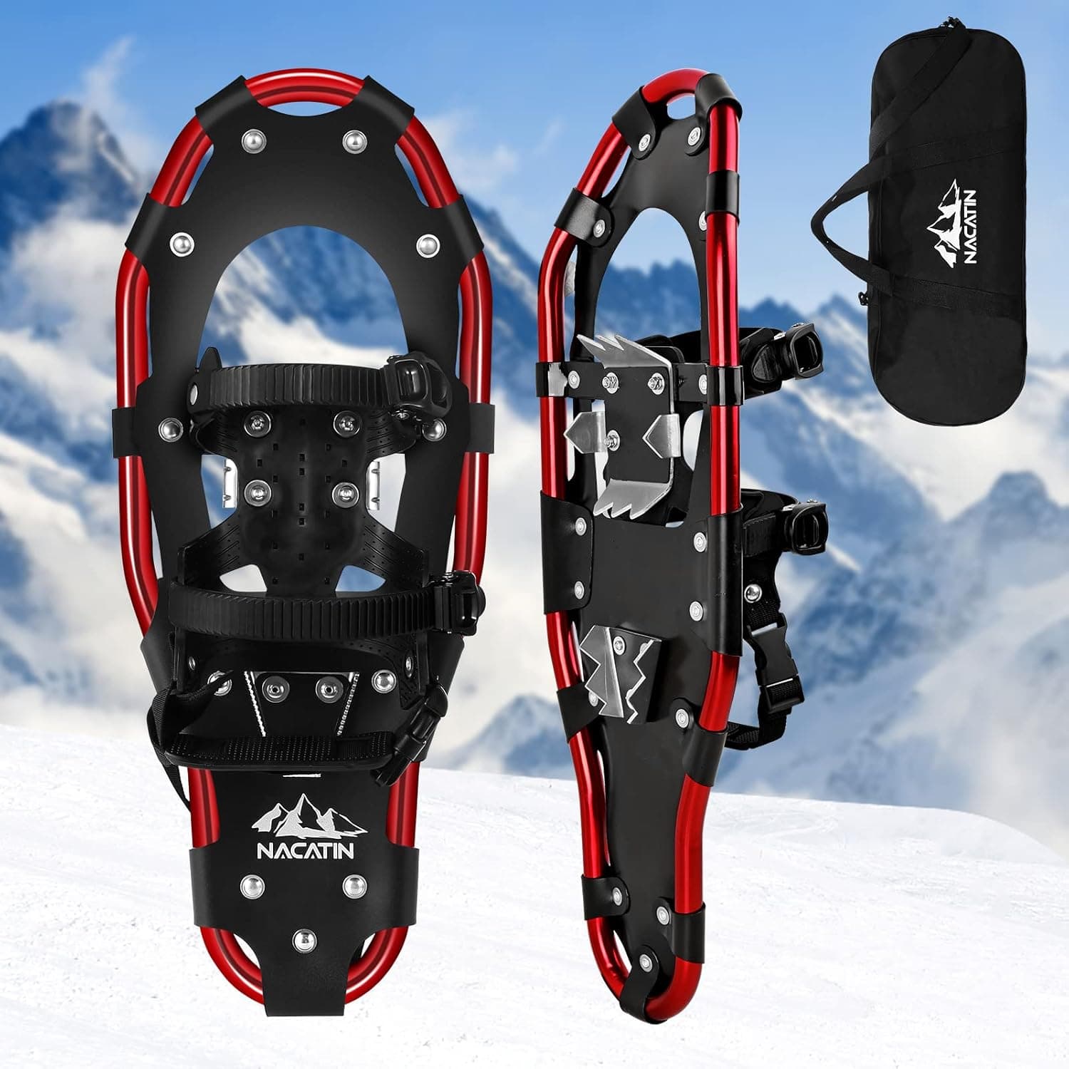 NACATIN All Terrain Snowshoes Lightweight Aluminum Alloy Snow Shoes with Carry Bag and Adjustable Ratchet Bindings, Capacity, 21"/25"/30"