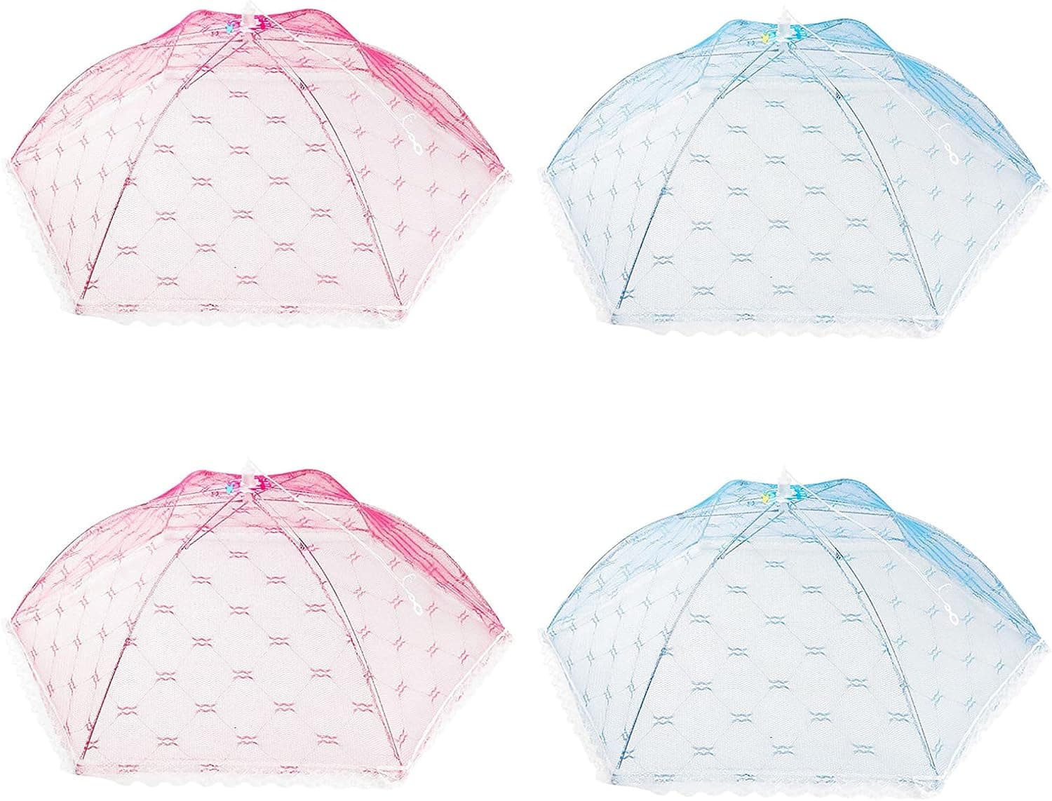 (4 PCS) Food Covers for Outside, Large Size 23"x23", Pop-Up Mesh Food Tent, Plate Serving Covers for Food, Picnics, Parties, BBQ, Collapsible and Reusable(2 Pink, 2 Blue)