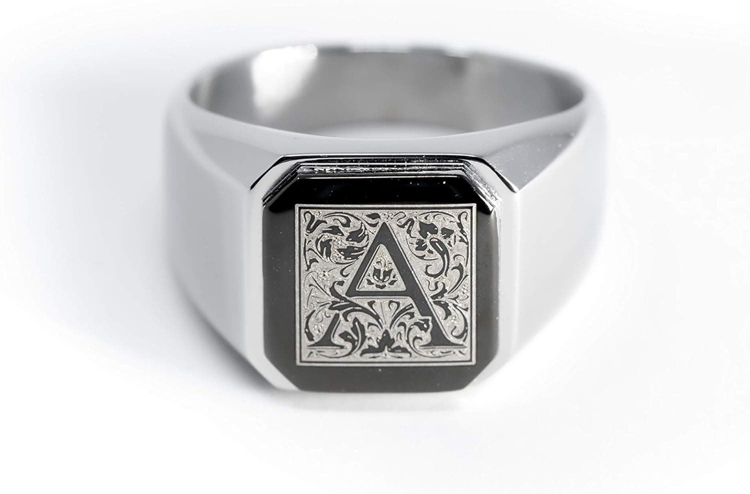 Tioneer Jewelry | Stainless Steel Letter Alphabet Initial Ring | Square Flat Top Ring for Men & Women | Stainless Steel Jewelry, (Black, Gold, Silver), Size 7-16